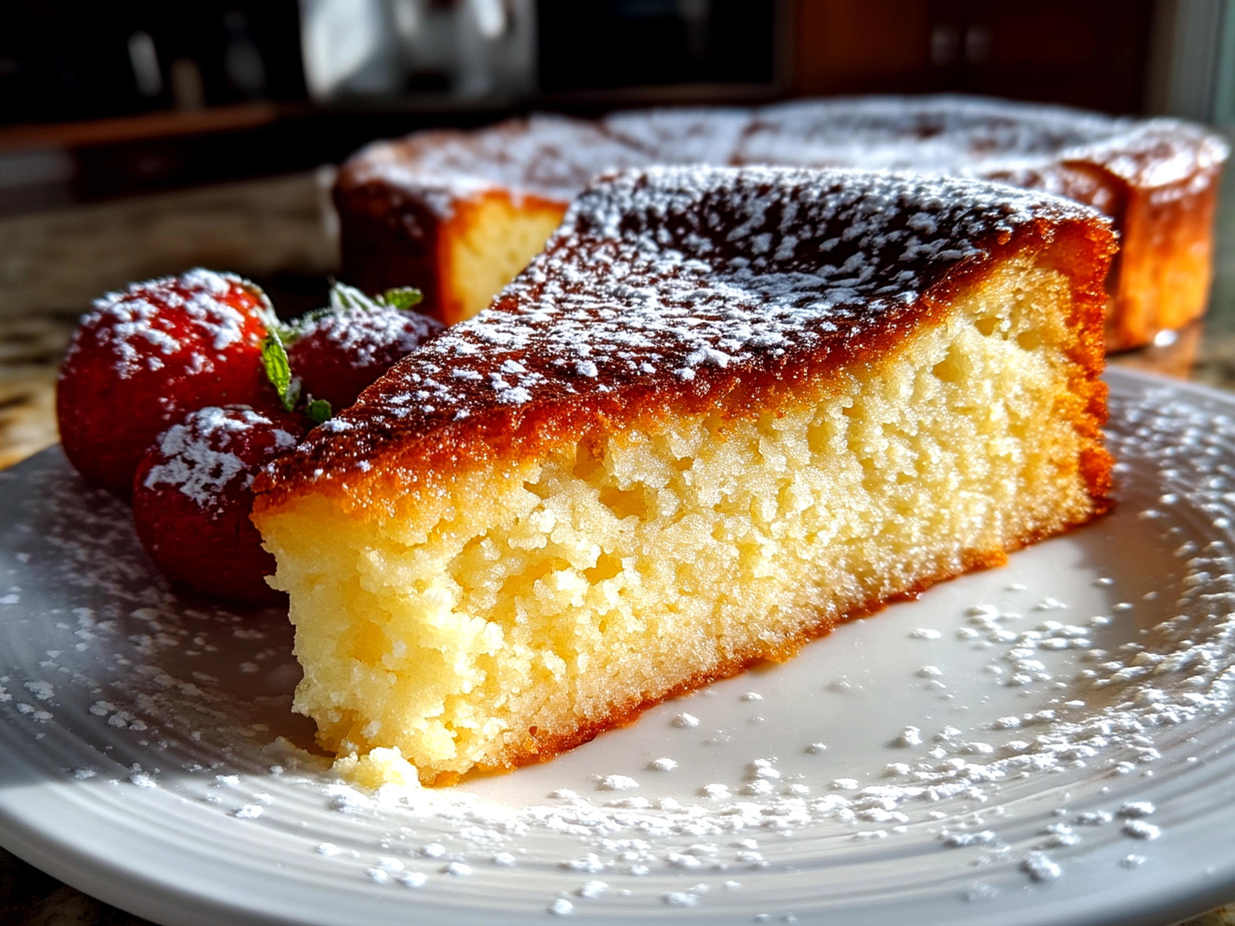 Slight angle close-up of a finished Flourless Yogurt Cake with a moist texture and golden crust