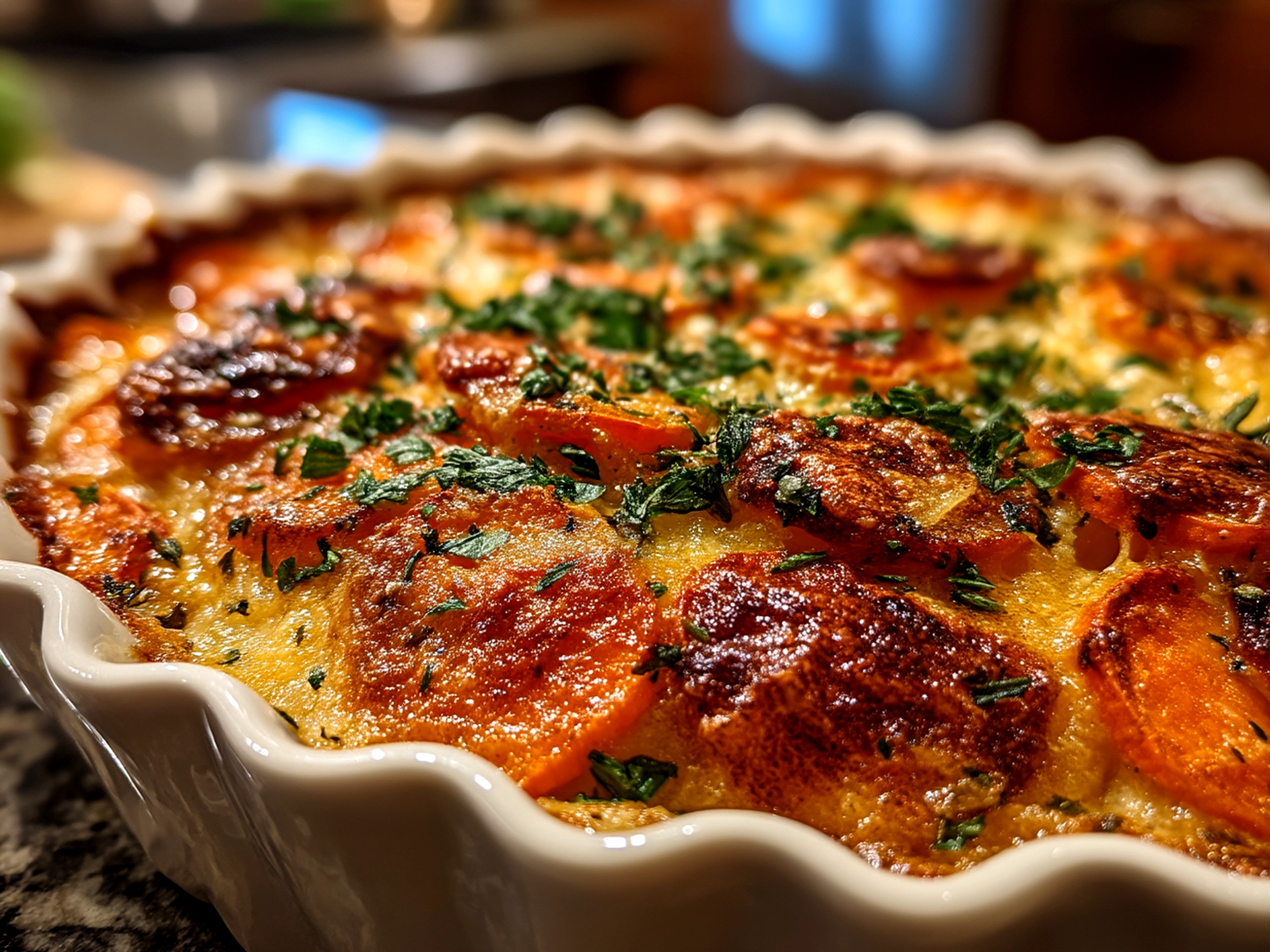 Slight angle close up of finished garlic scalloped sweet potatoes with golden top