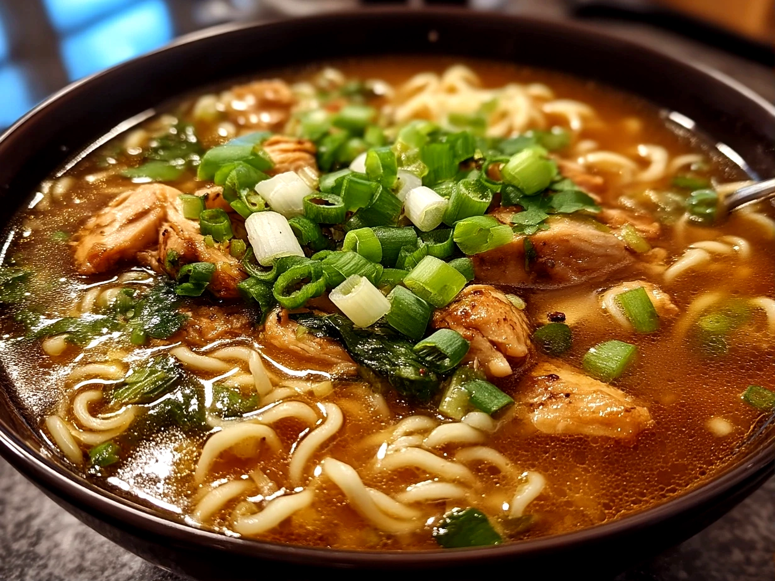 Close-up of finished Ginger Scallion Chicken Noodle Soup served in a bowl with scallions on top