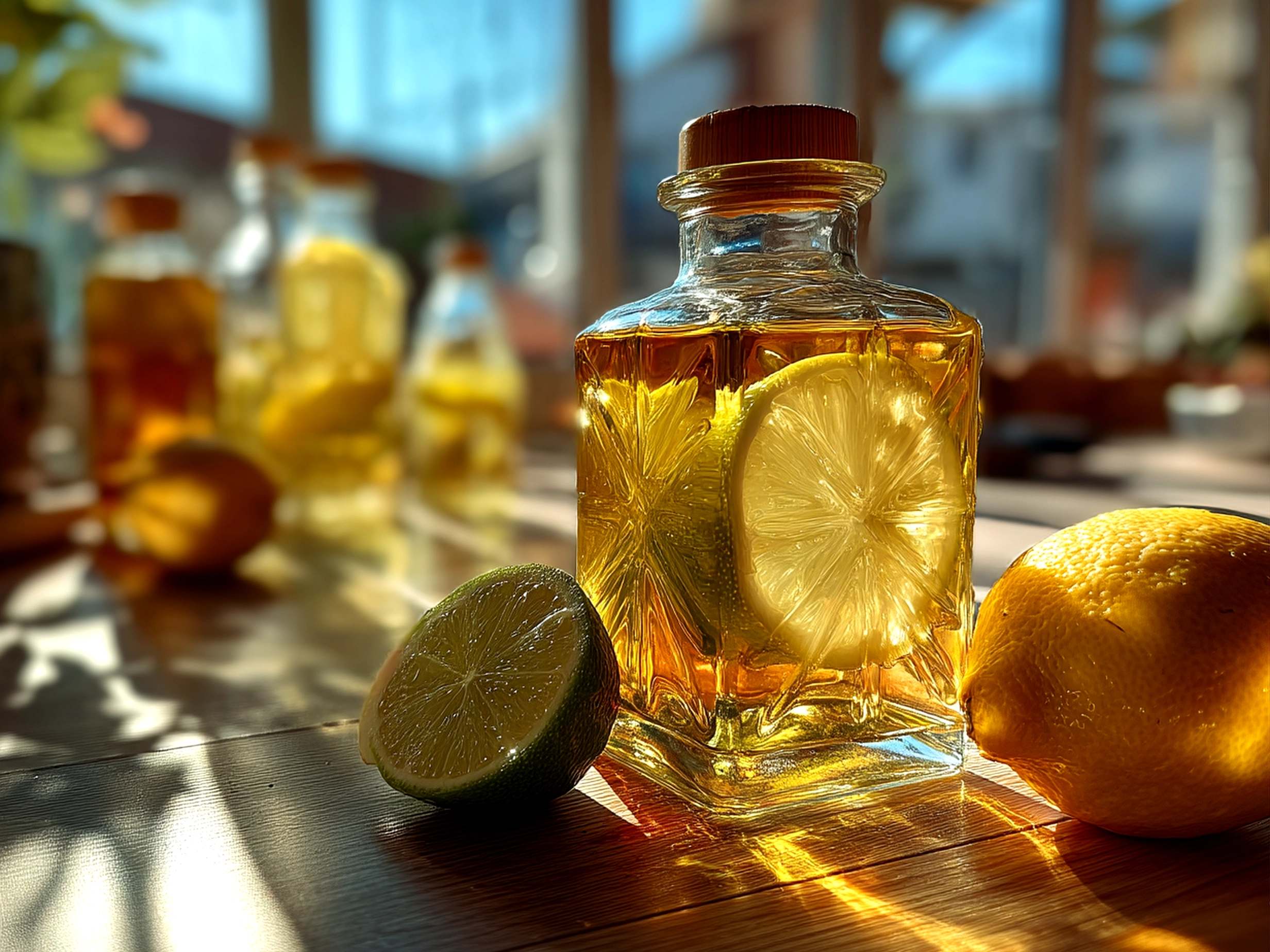 Slight angle close-up of finished homemade limoncello in bottle