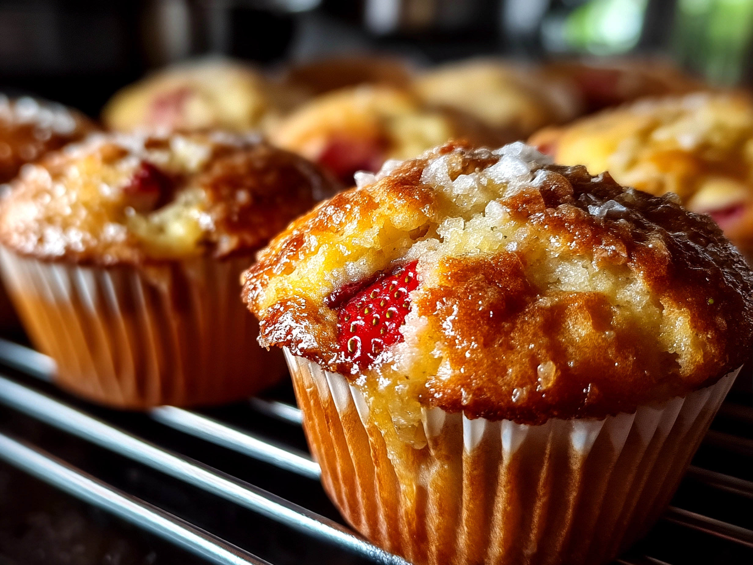 Slight angle close-up of finished homemade Strawberry Banana Muffins with light splashes