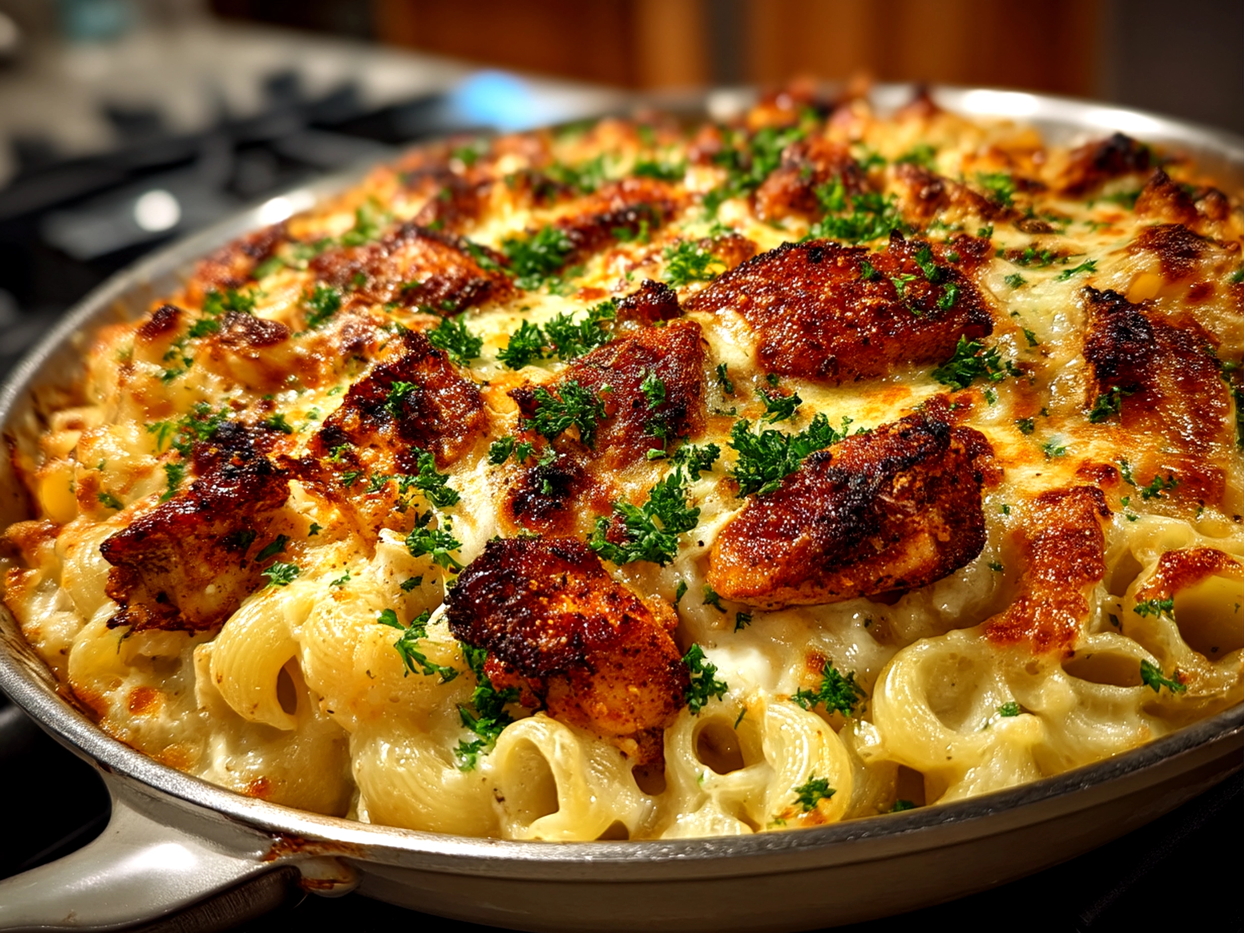 Slight angle close up finished honey pepper chicken mac cheese