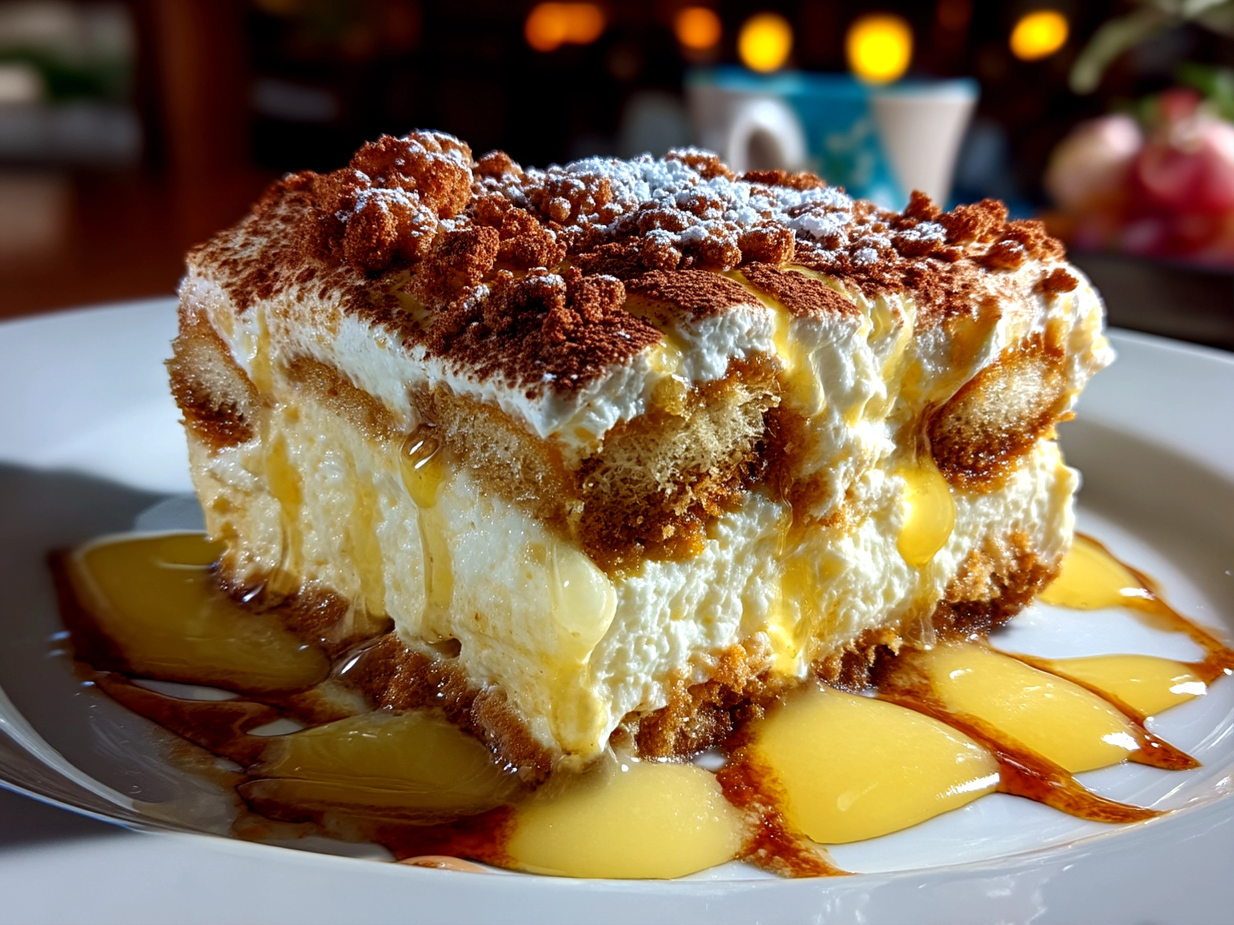 Serving suggestion of finished Limoncello Tiramisu garnished with lemon zest and fresh mint