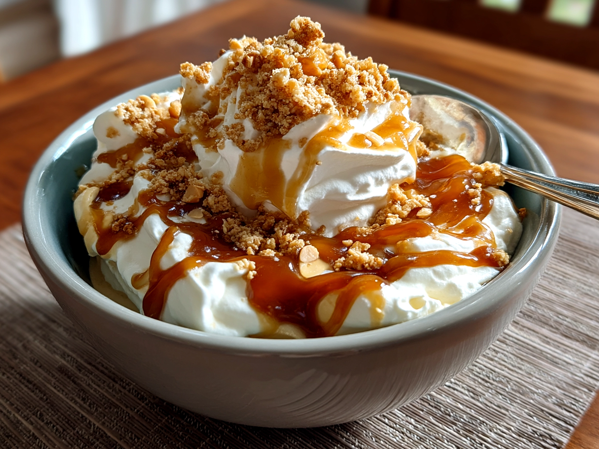 Close-up of a finished Peanut Butter Yogurt Fluff Bowl topped with fresh fruit and granola
