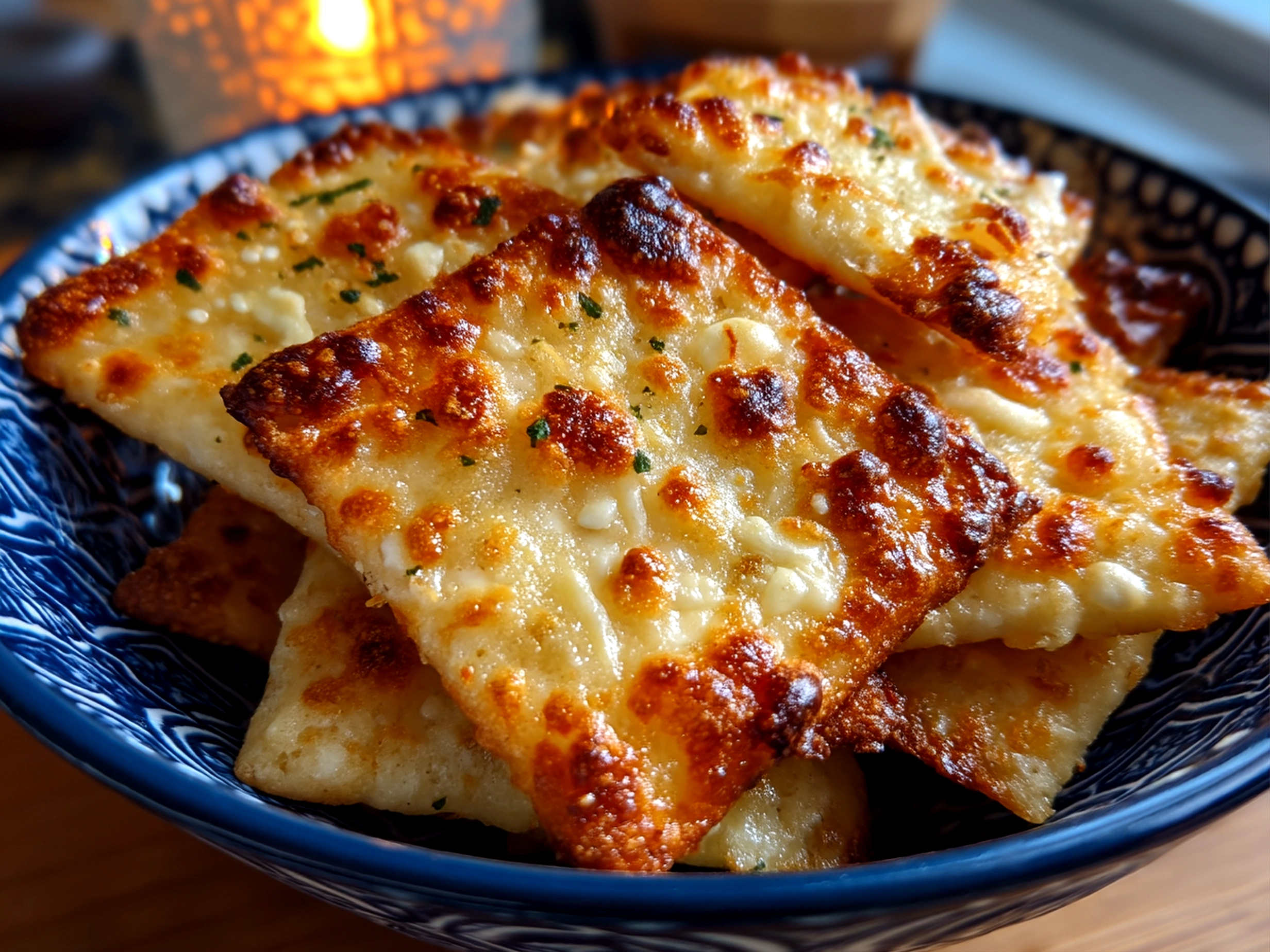 Close-up of finished sourdough cheese crackers showing crisp texture