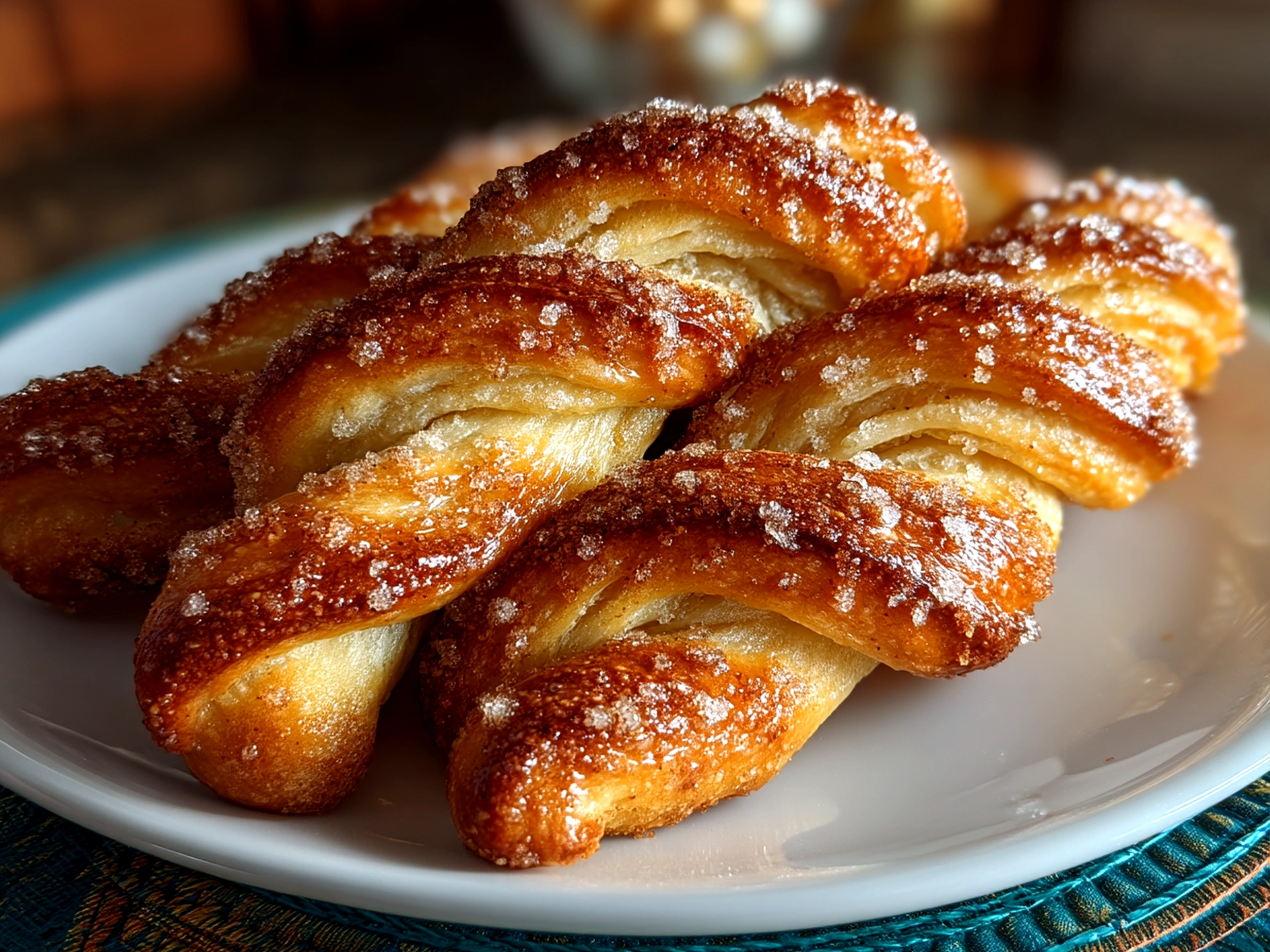 Slight angle close up of finished sourdough discard cinnamon sugar twists on a serving plate