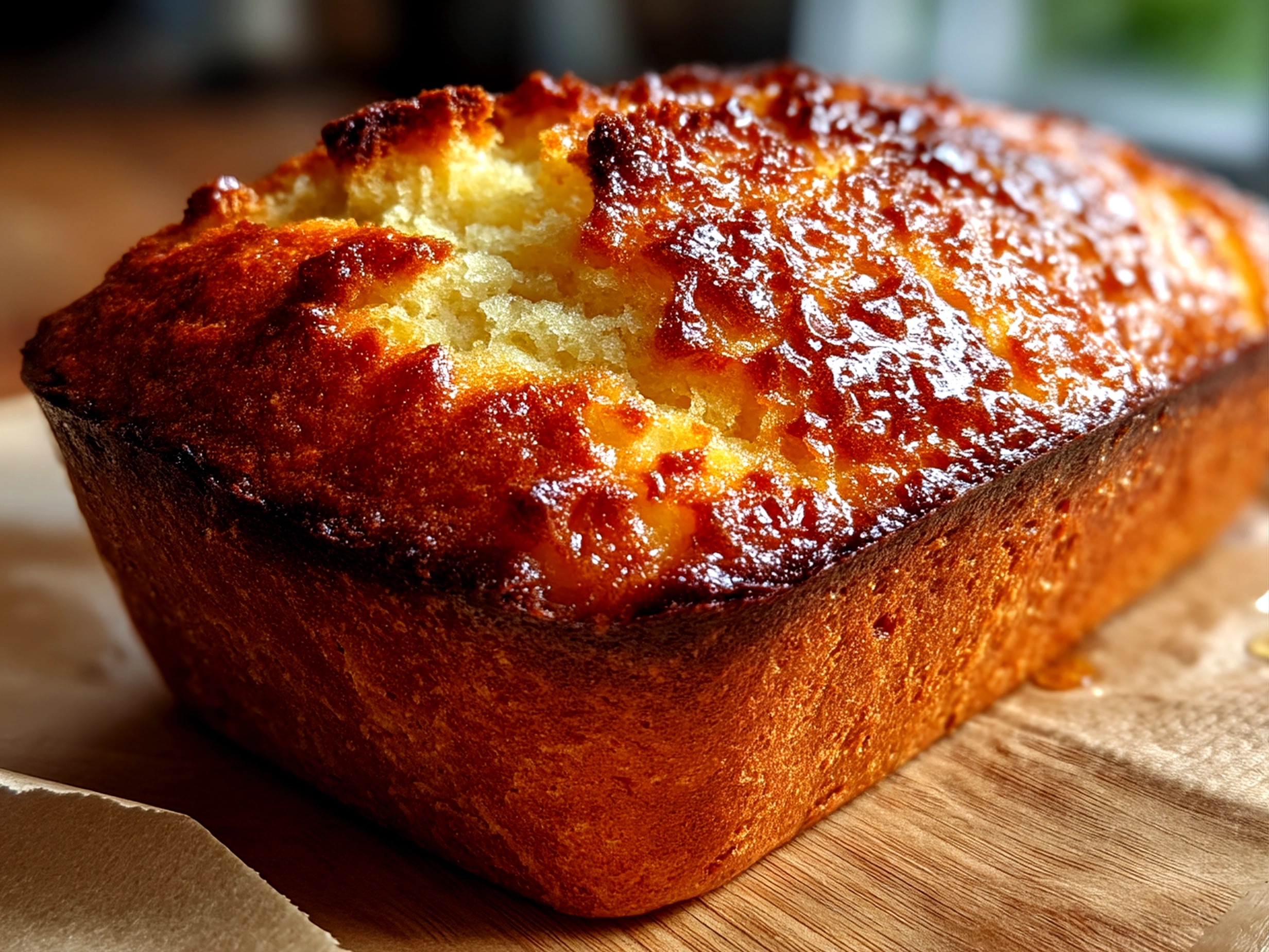 Slight angle close up of finished sourdough discard lemon loaf showing moist texture and lemon glaze