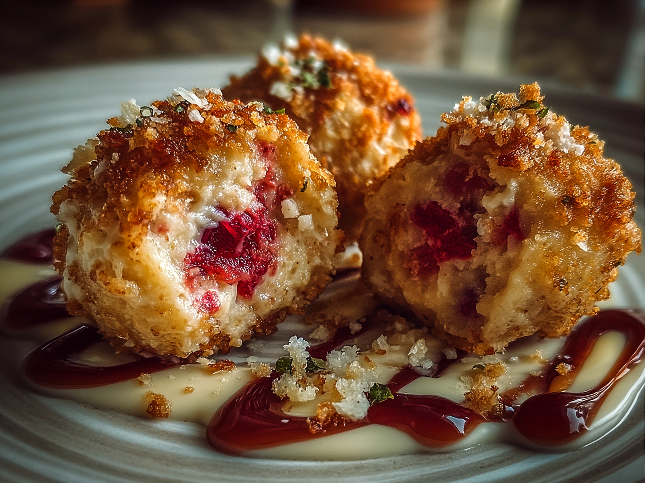 Close-up of finished Strawberry Cheesecake Crunch Bites with fresh strawberry garnish