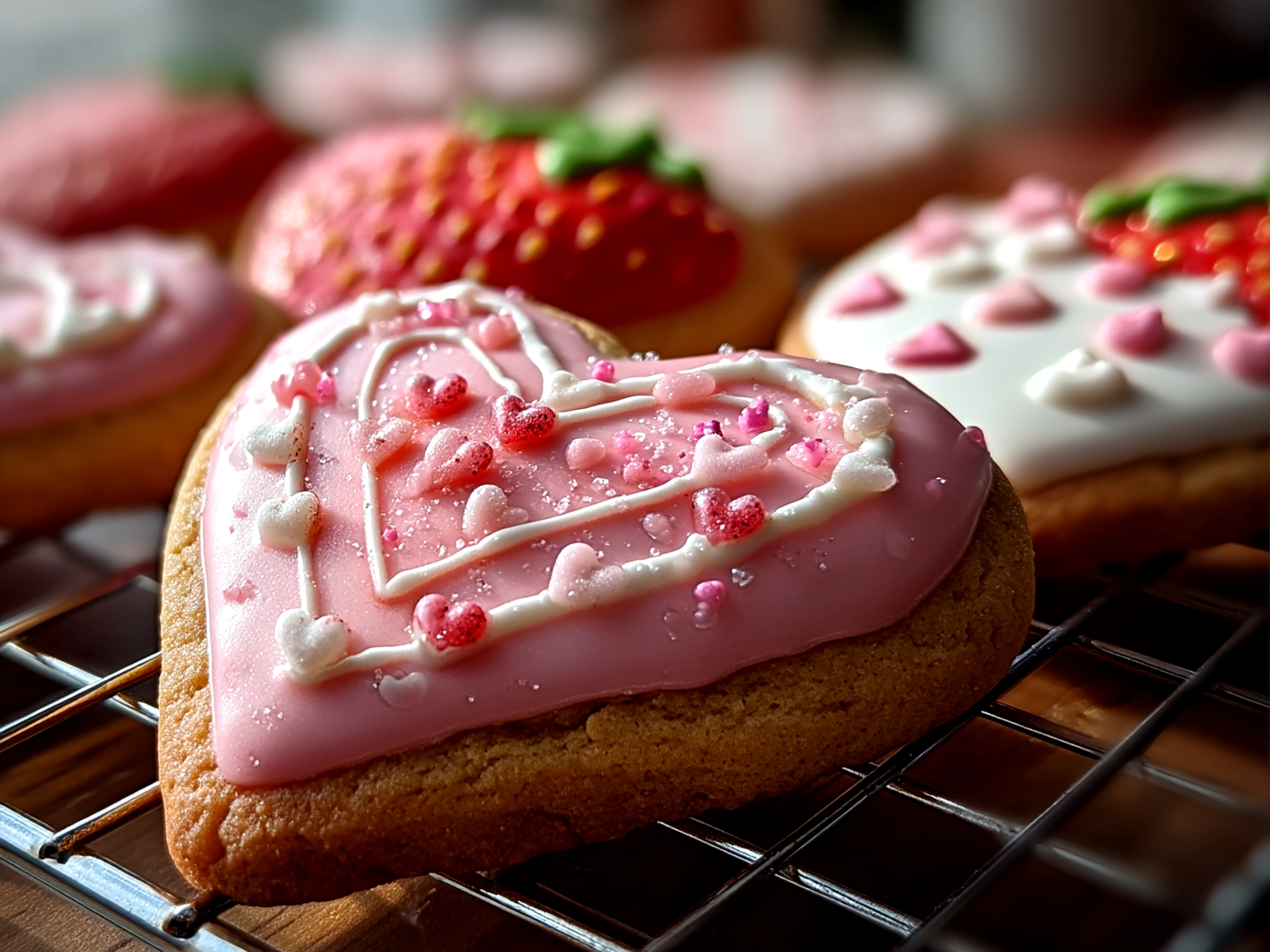Close up of finished Valentine Strawberry Cookies with strawberry jam filling and pink sanding sugar