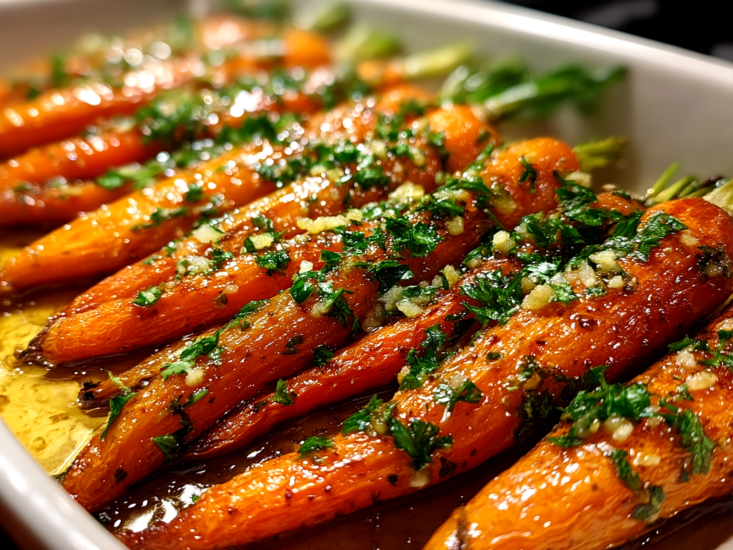 Close up of finished Honey Garlic Butter Roasted Carrots with a glossy glaze