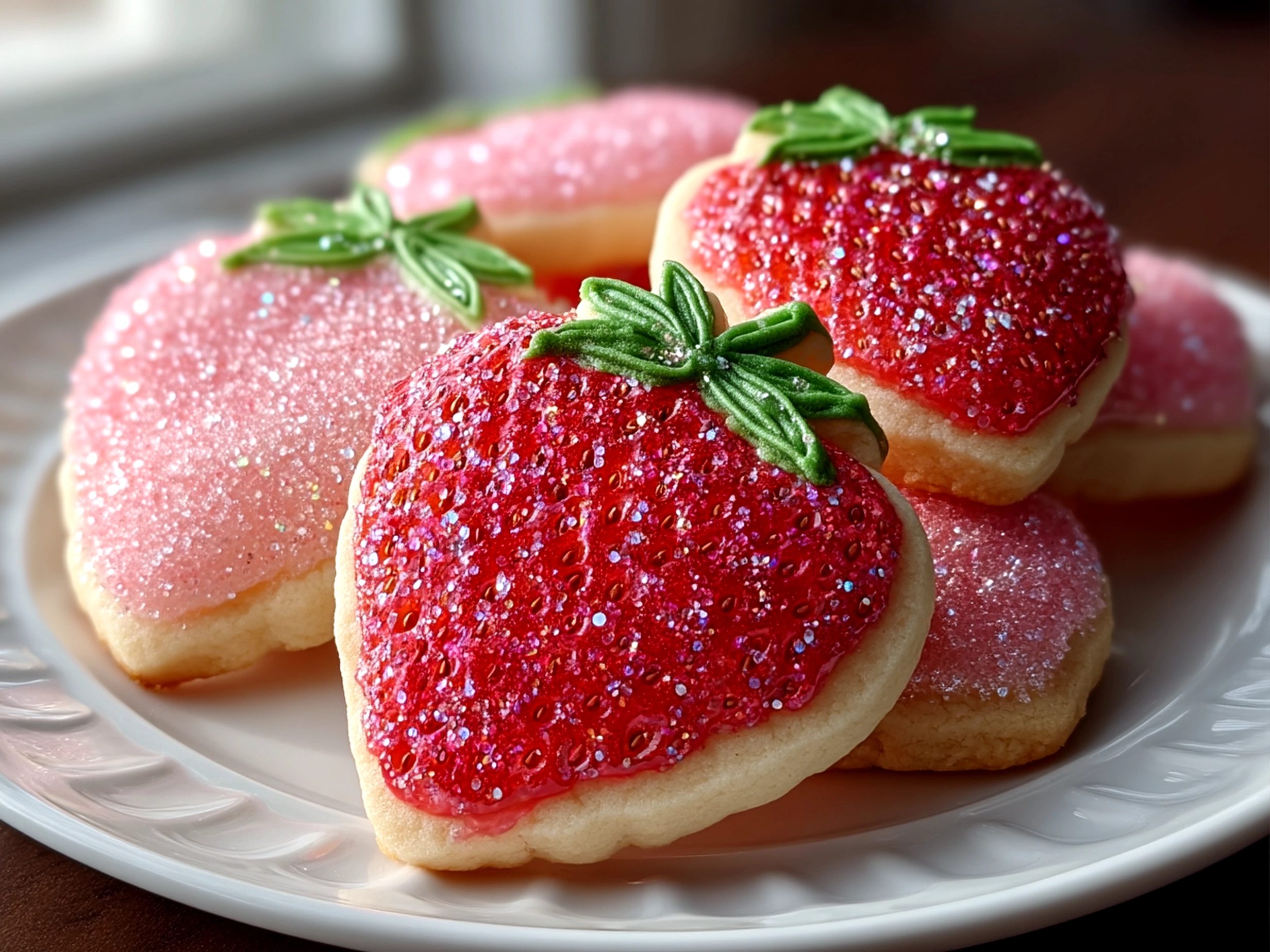 Slight angle close-up of finished Strawberry Sugar Cookies