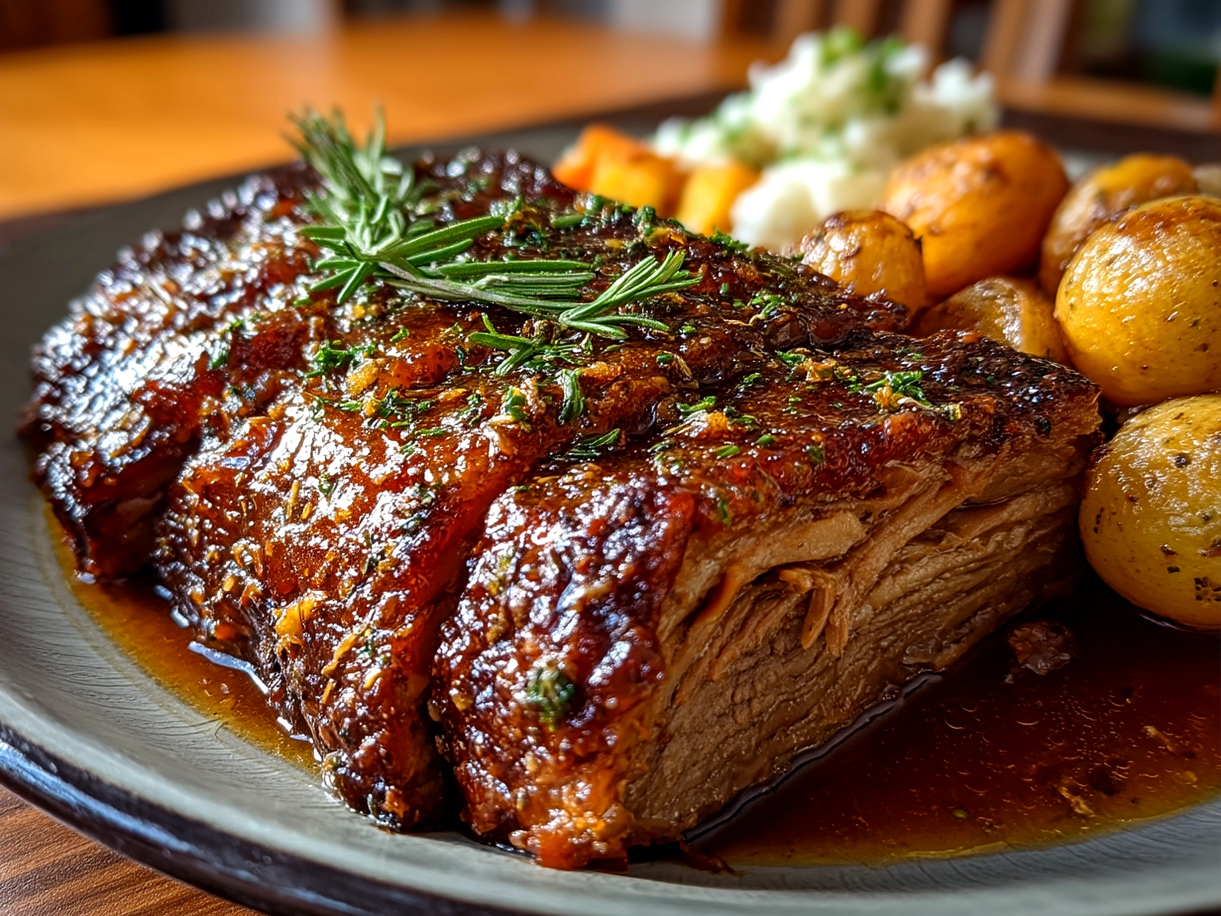 Slow Cooker Beef Brisket served on toasted rolls and mashed potatoes