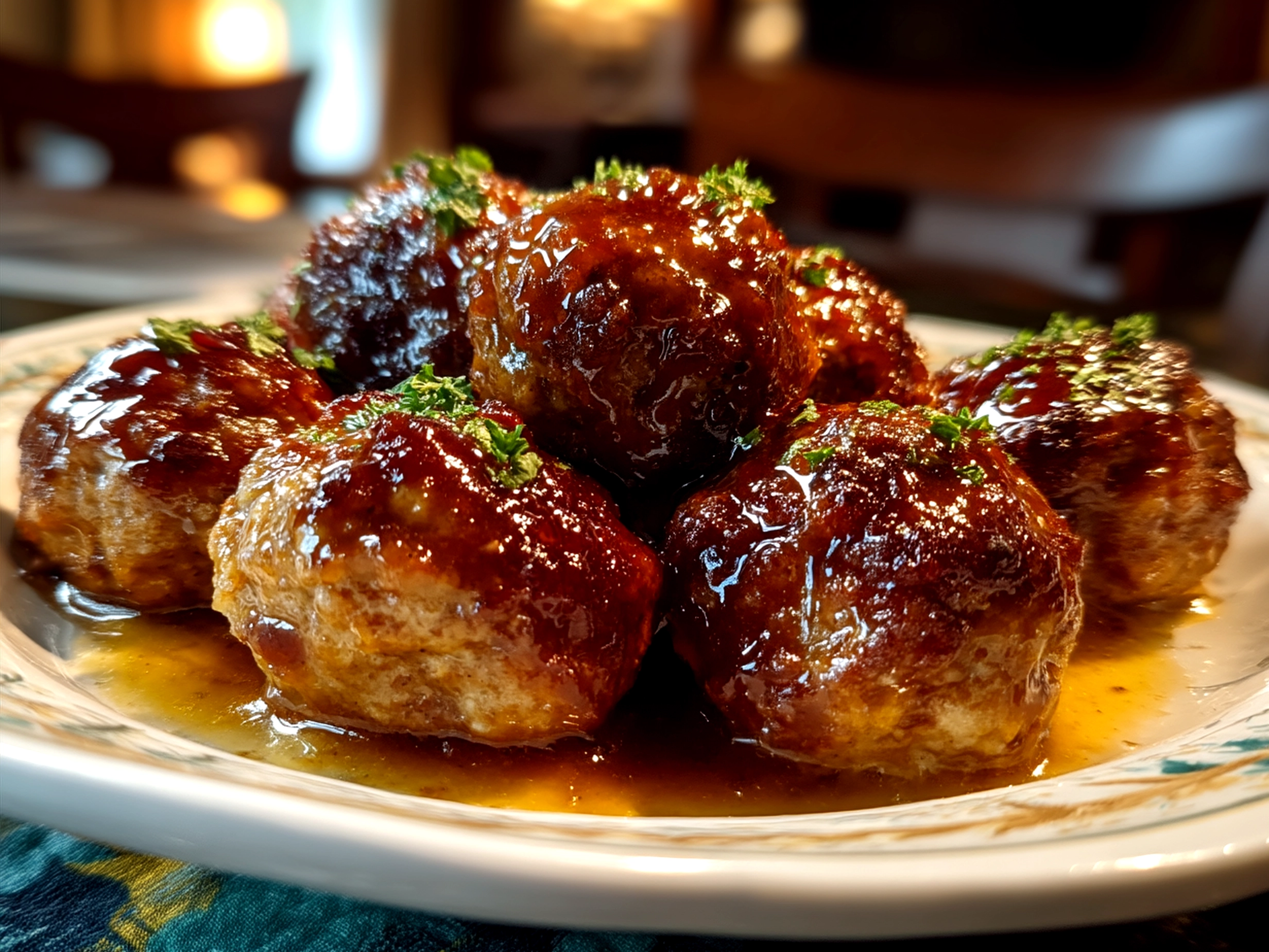 Plated Slow Cooker Bourbon Apple Butter Meatballs served with sides
