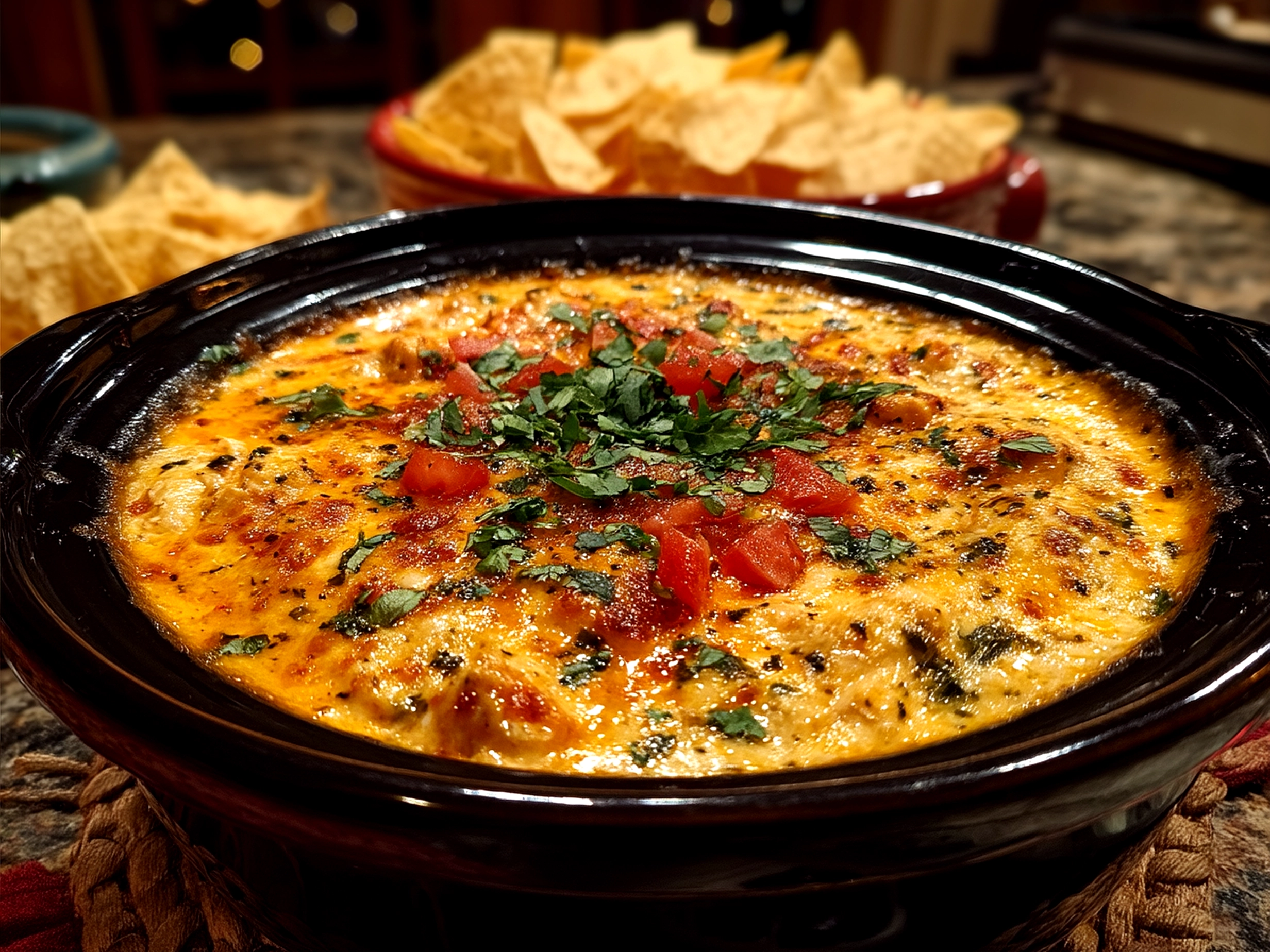 Slow Cooker Queso Dip served with tortilla chips and fresh veggies