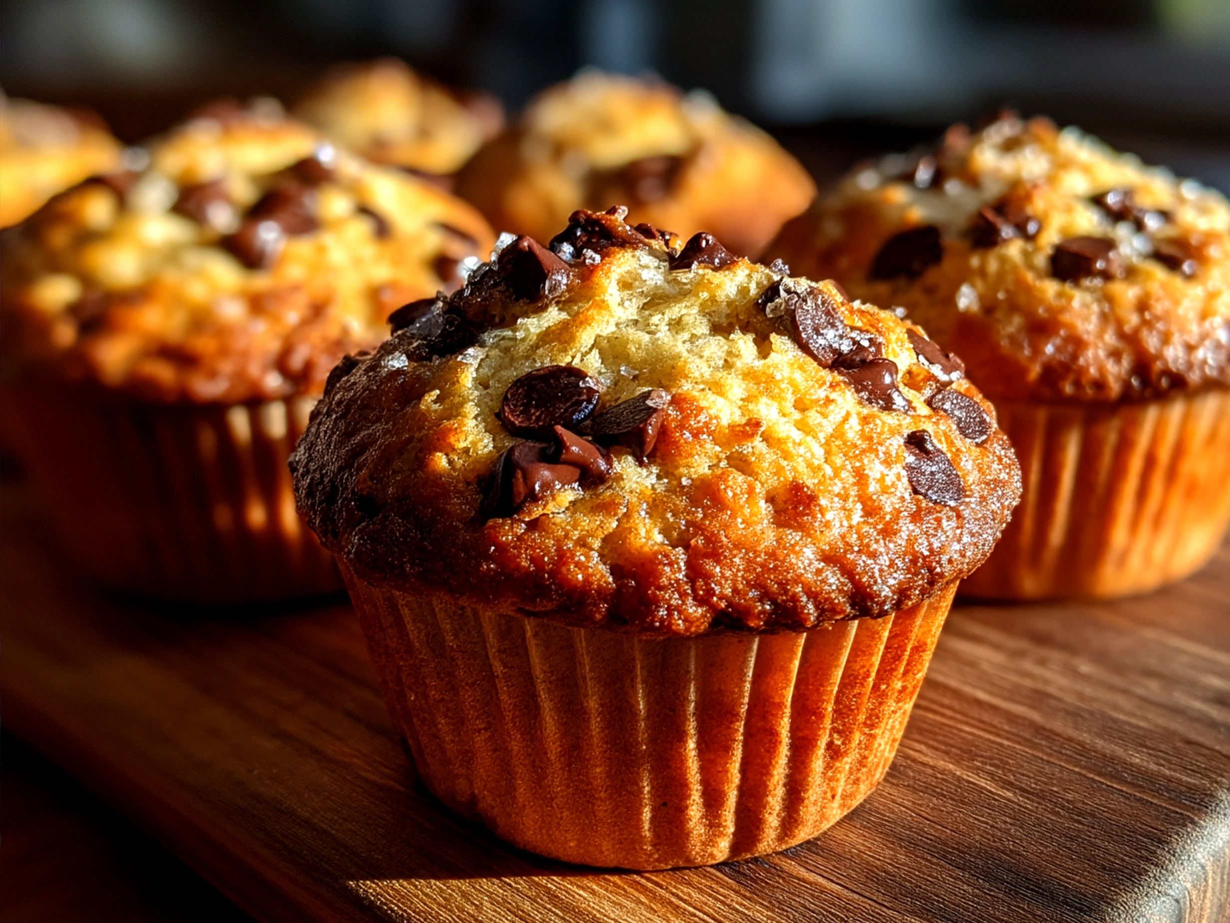 Freshly baked Sourdough Chocolate Chip Muffins served on a plate with a cup of coffee