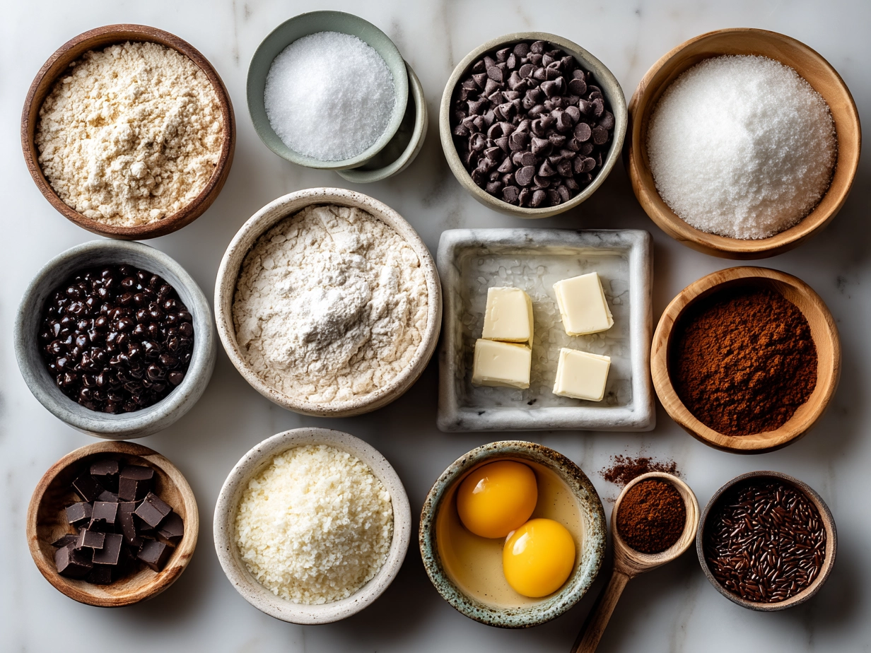 Ingredients needed for Sourdough Chocolate Chip Muffins laid out on a kitchen counter