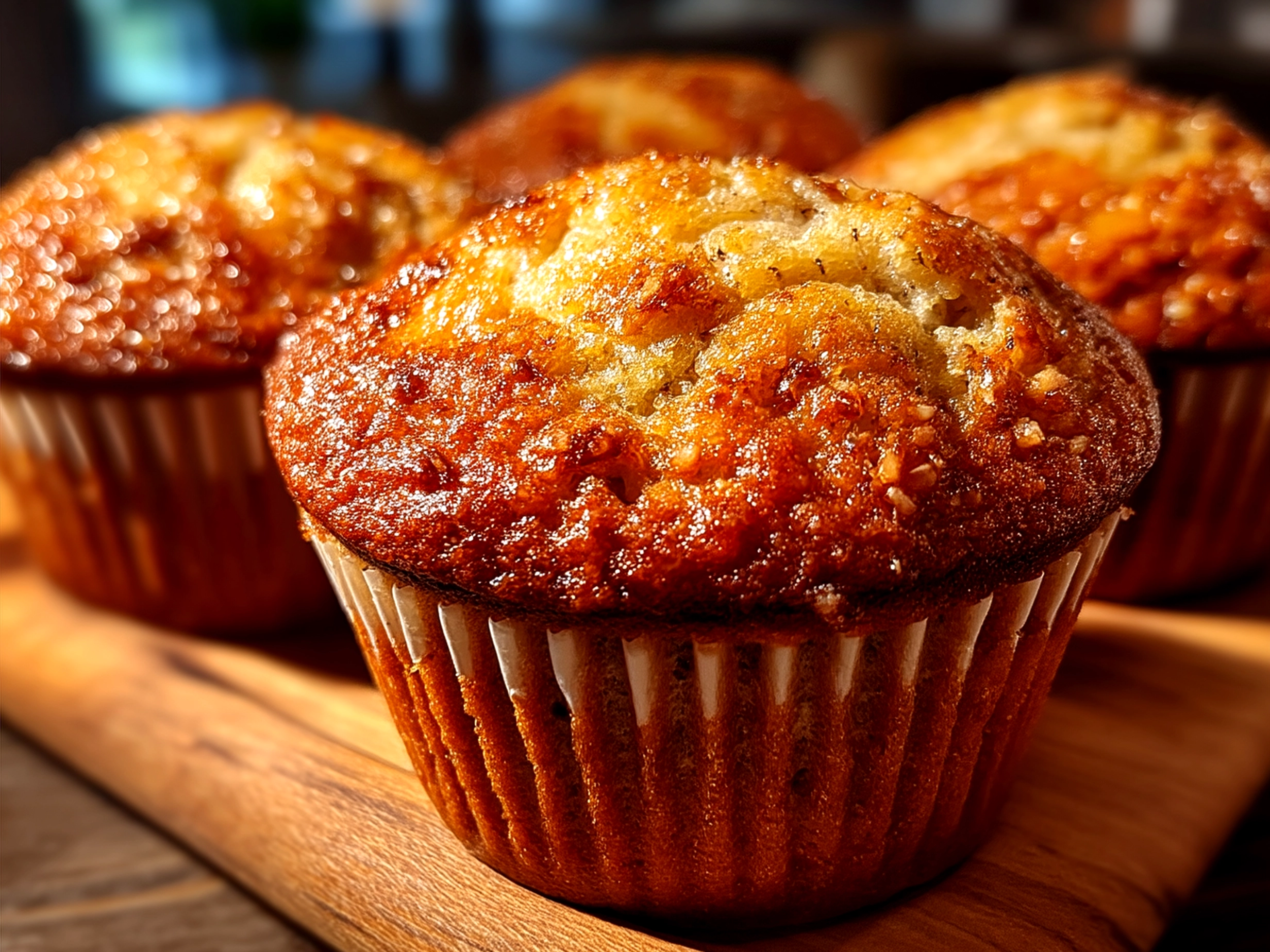 Freshly baked Sourdough Discard Banana Muffins on a serving plate