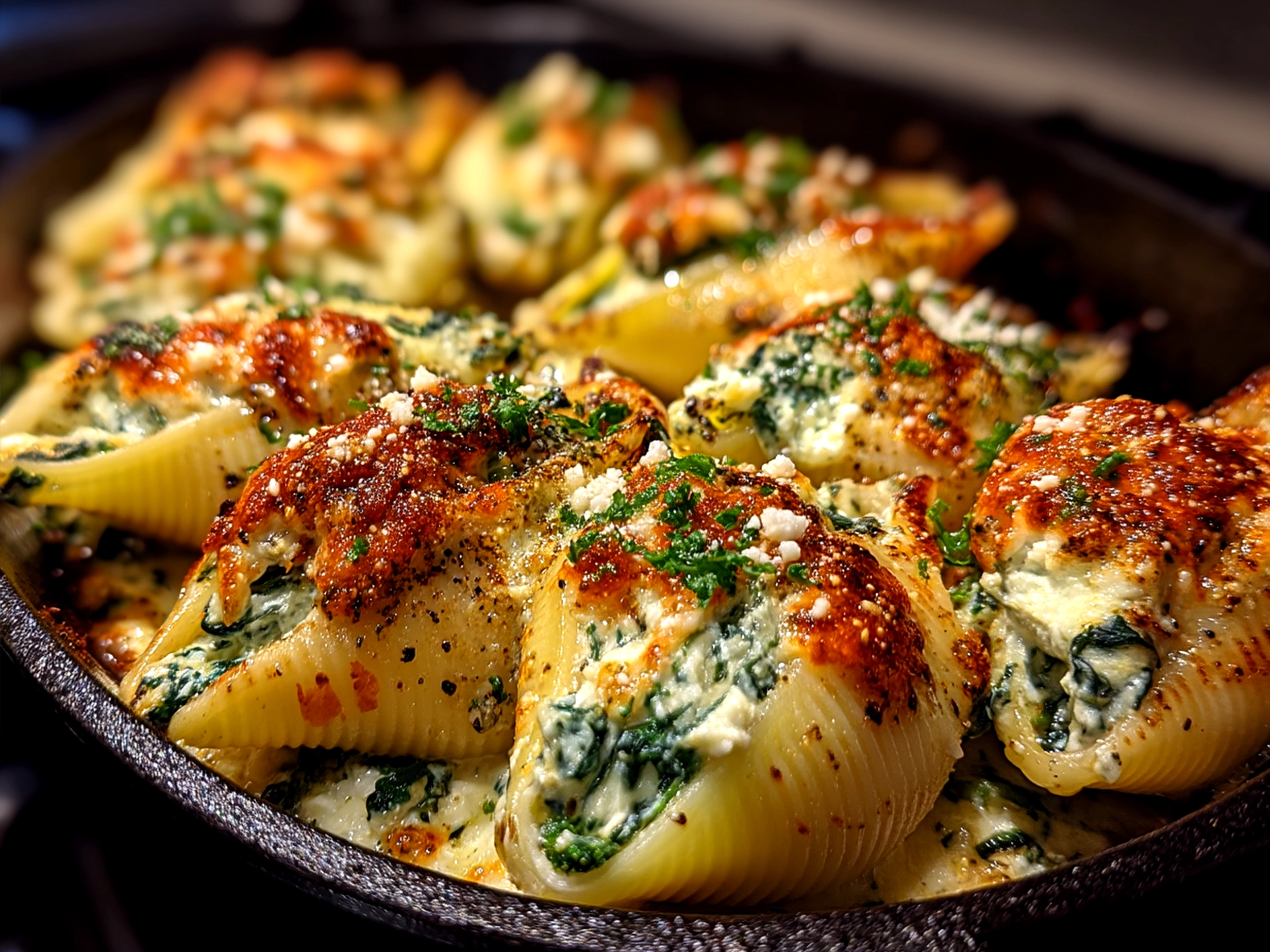 Serving Spinach Ricotta Stuffed Shells fresh from the oven