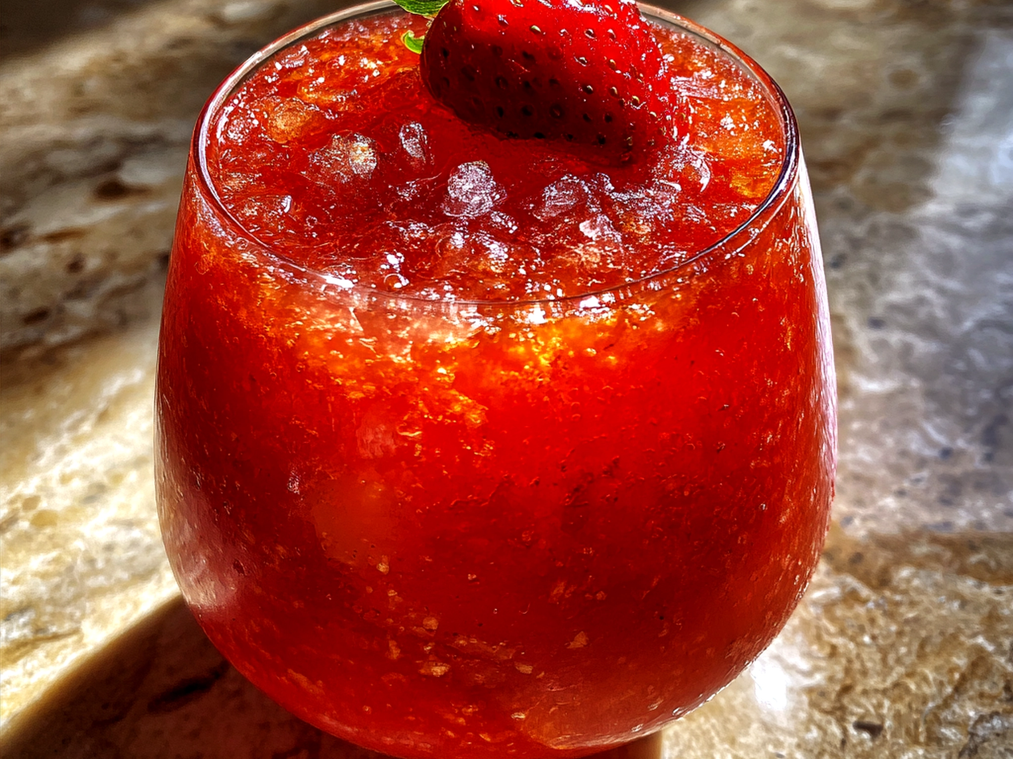 Final served Strawberry Daiquiri garnished with fresh strawberry slice and mint