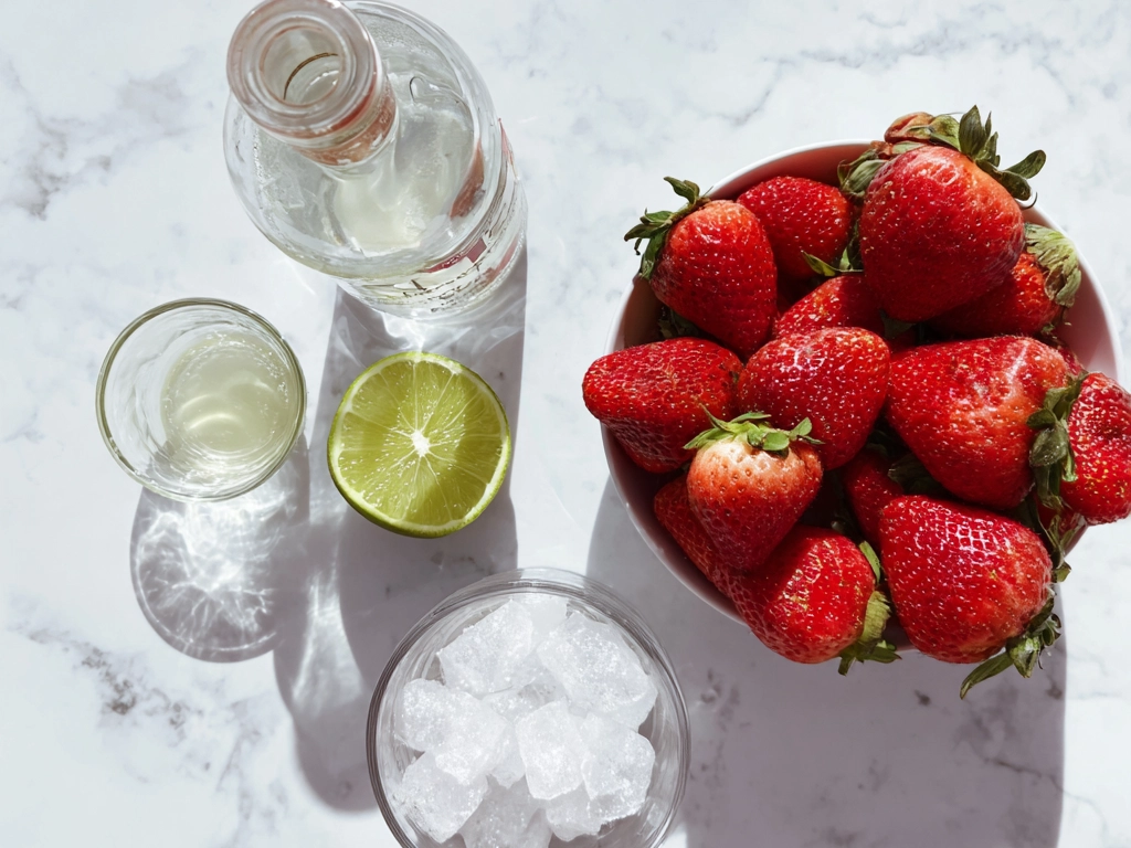 Ingredients for Strawberry Daiquiri including fresh strawberries, white rum, lime, simple syrup, and ice