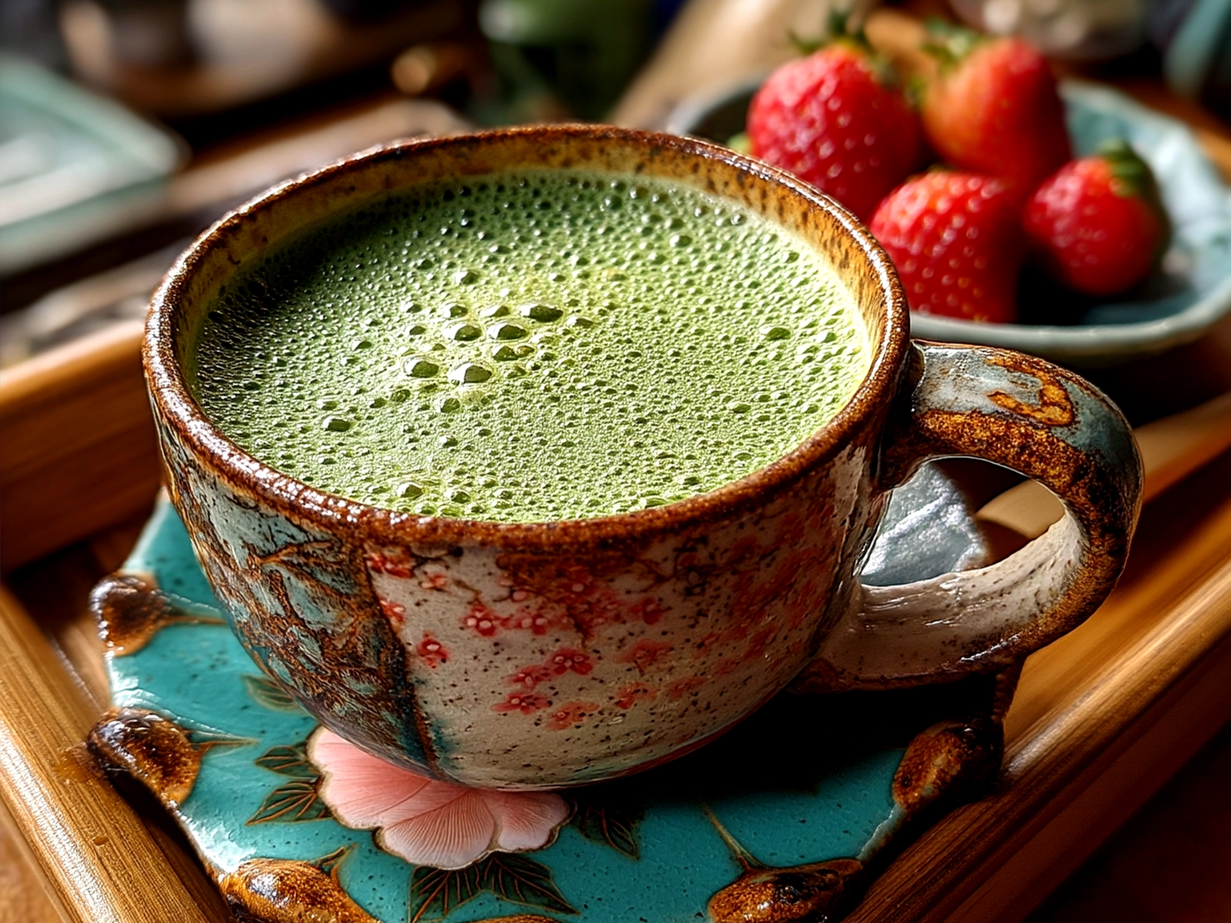 A clear glass mug filled with a layered strawberry matcha latte showing pink and green layers