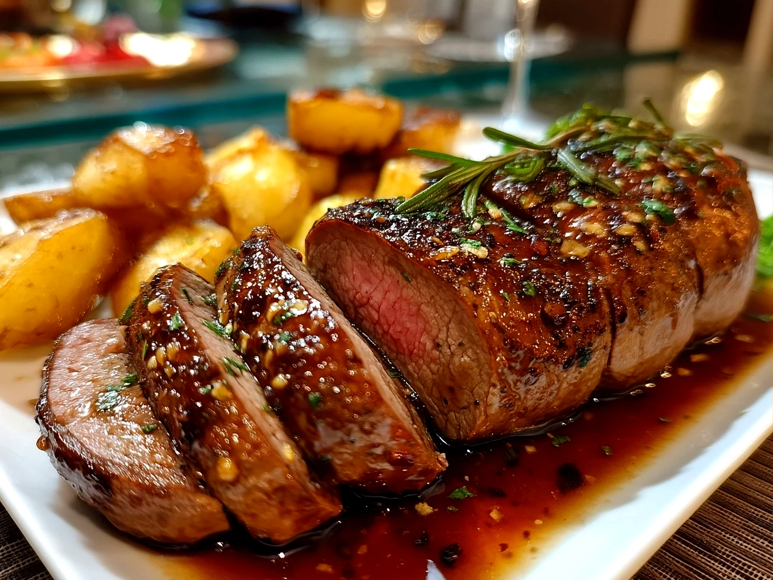 Plated stuffed beef tenderloin slices served with sides