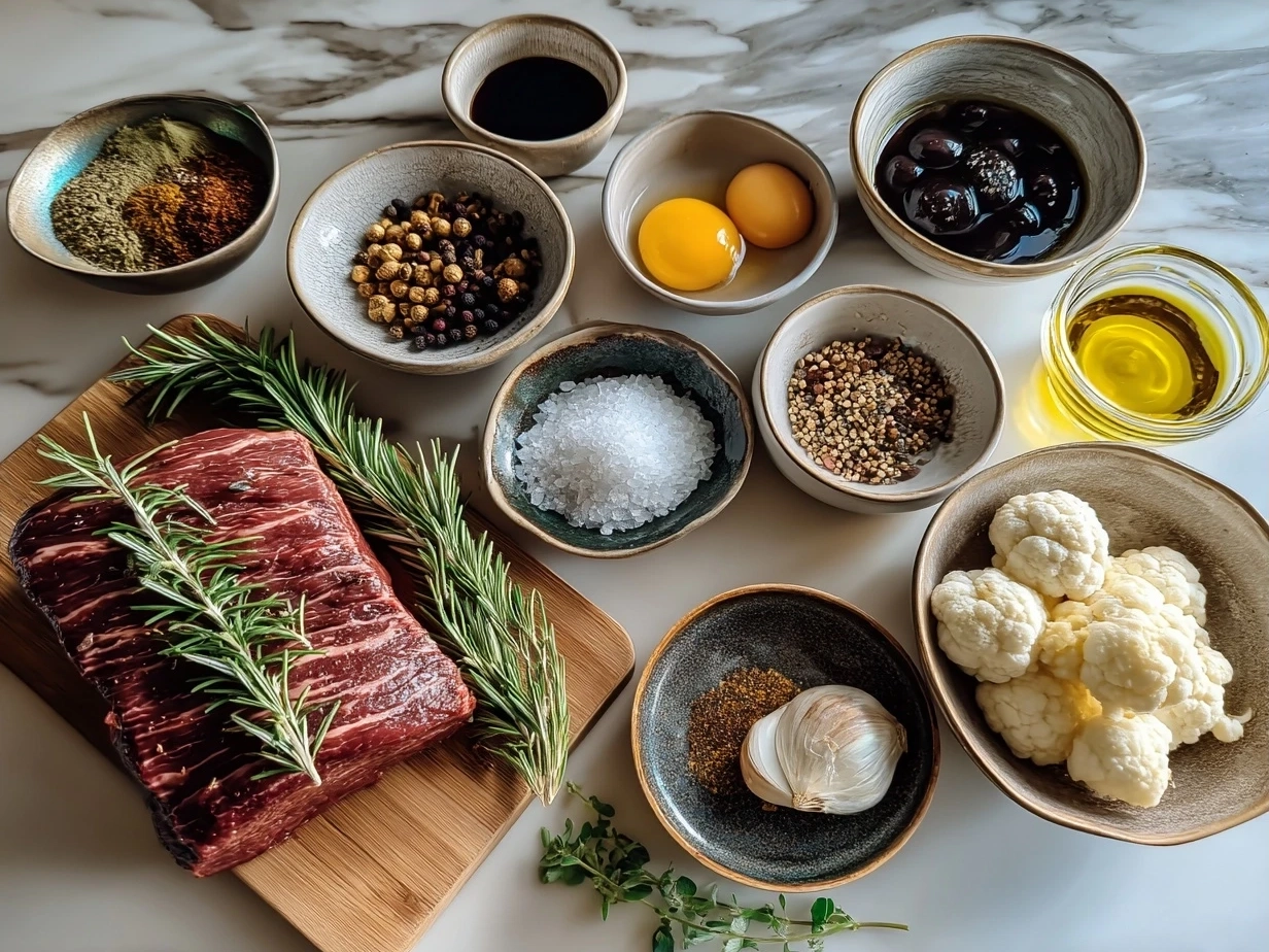 Ingredients for stuffed beef tenderloin recipe including beef, mushrooms, spinach, cheese and herbs