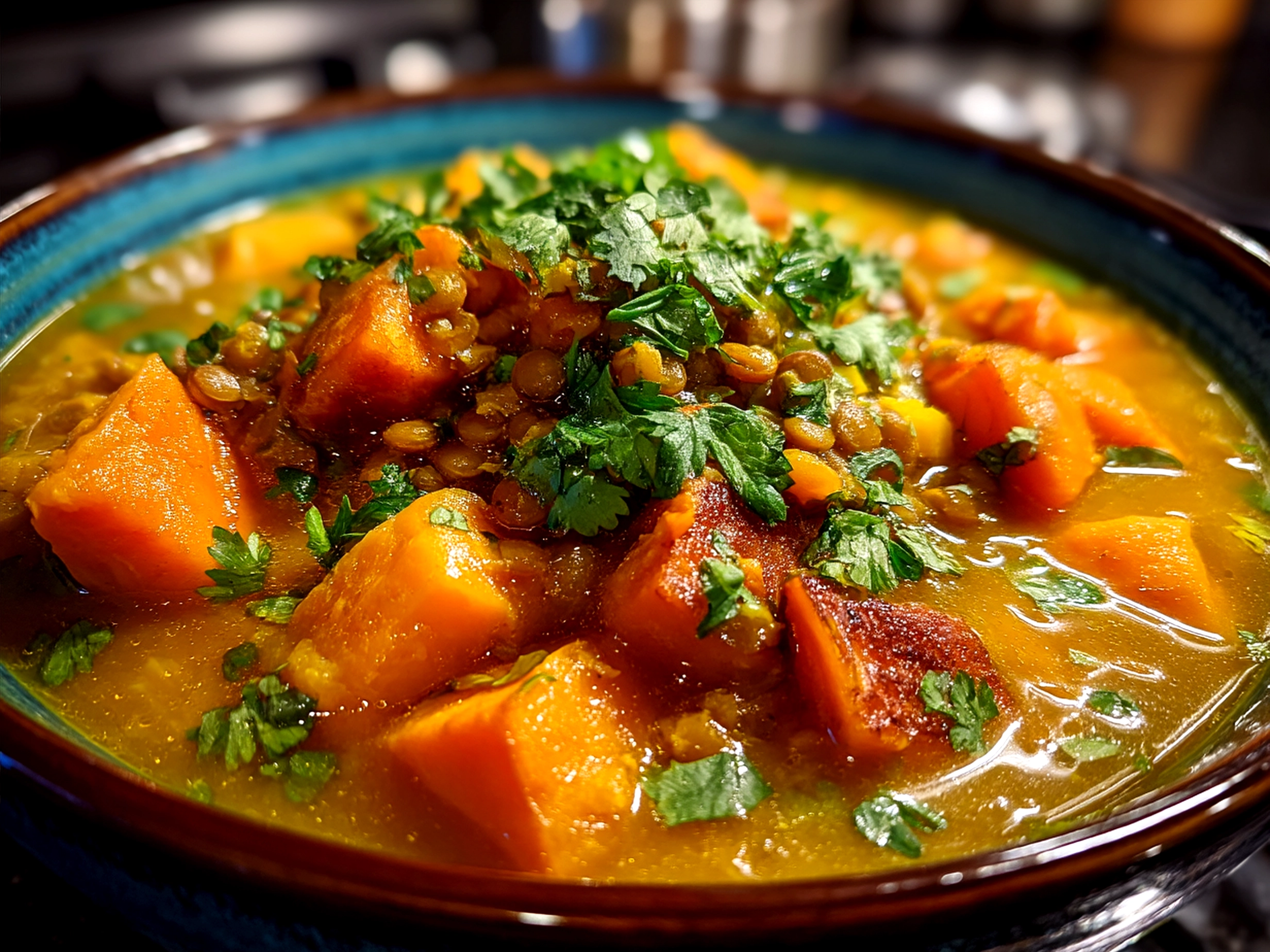 Served bowl of Sweet Potato Lentil Stew garnished with fresh herbs