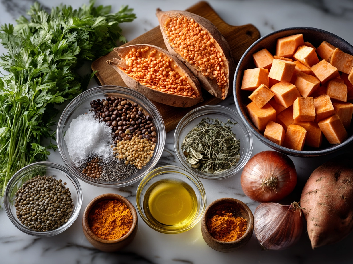 Ingredients laid out for Sweet Potato Lentil Stew including sweet potatoes, lentils, tomatoes, and spices