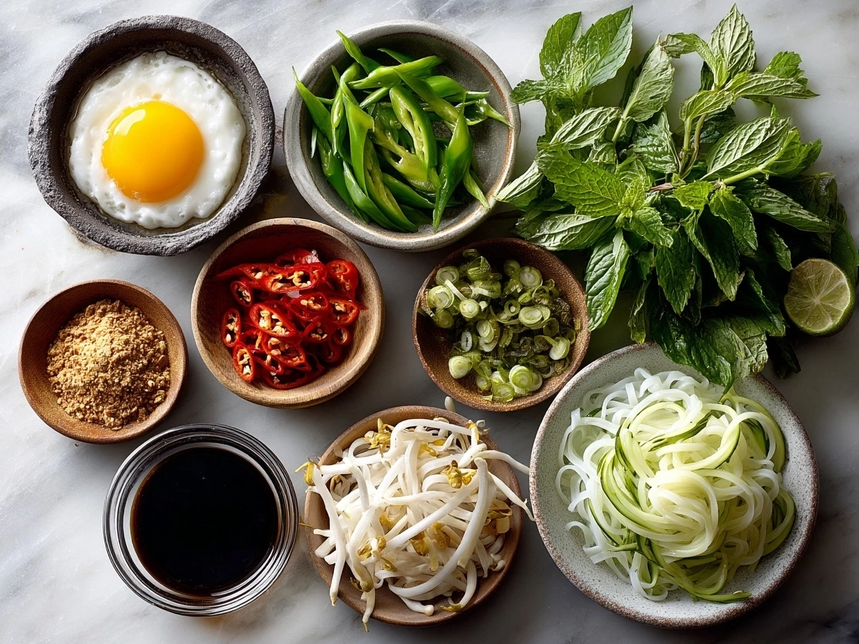 Ingredients for Thai Drunken Noodles including rice noodles, garlic, chilies, onion, bell pepper, basil, and sauces