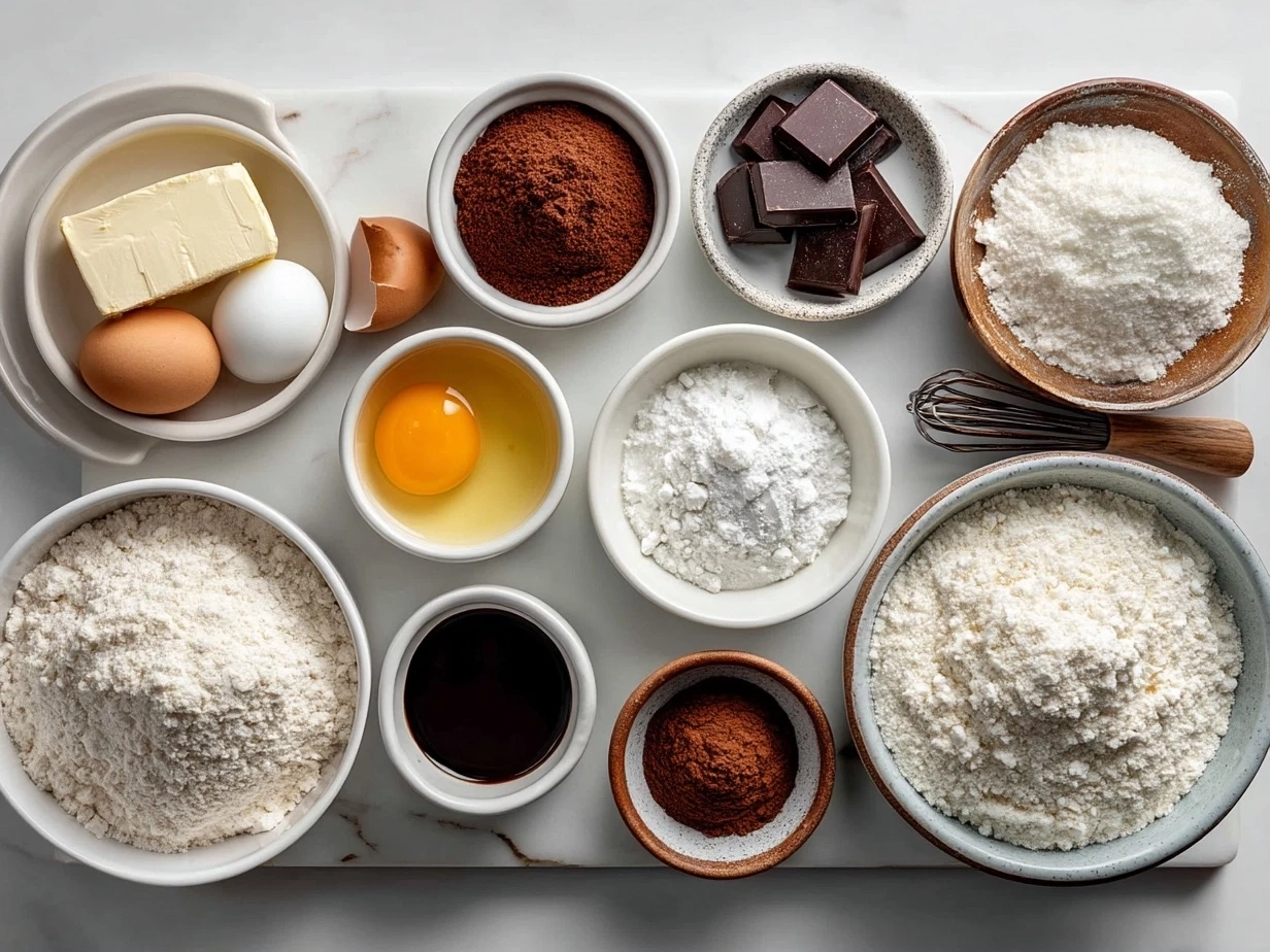 Top-down view of raw ingredients arranged for sourdough discard brownies