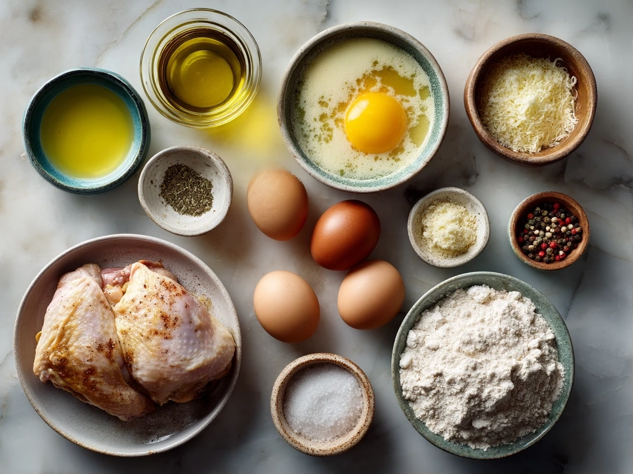 Raw ingredients for Baked Caesar Chicken with Creamy Parmesan Sauce arranged on a table