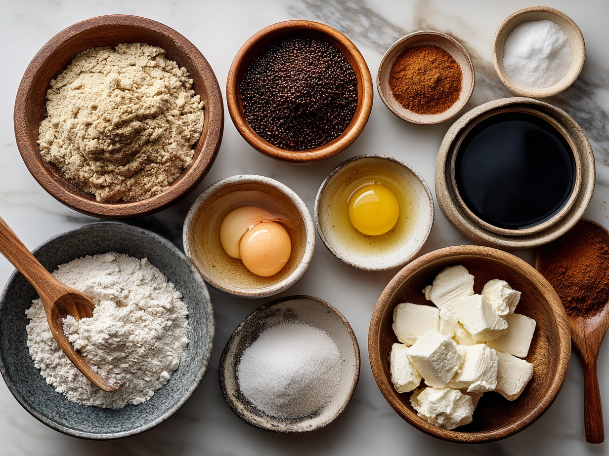 Top down view of raw ingredients for Basketball Pretzel Cookies on marble countertop in a modern kitchen organized mise en place