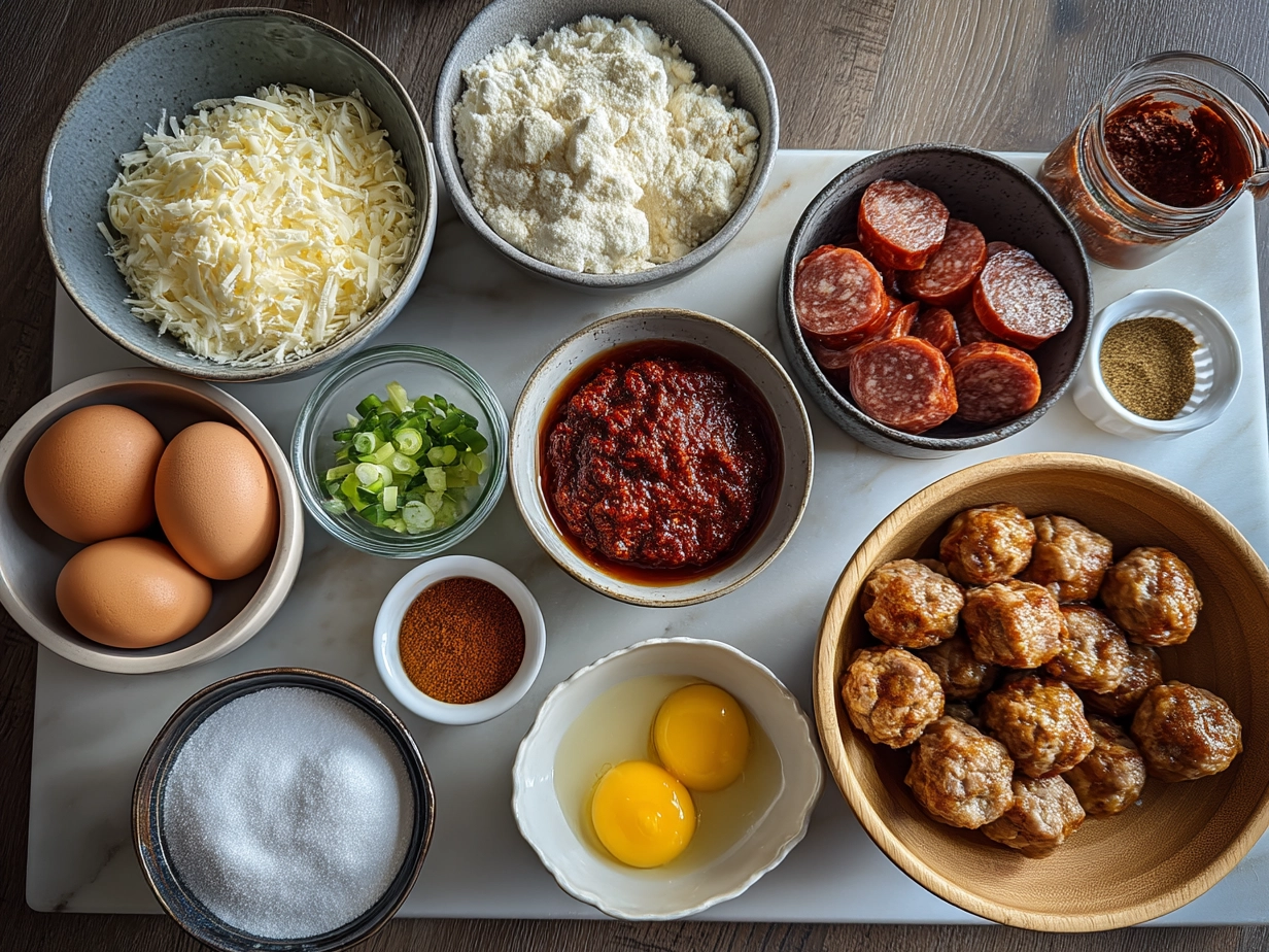 Ingredients for BBQ Sausage Bites laid out on marble