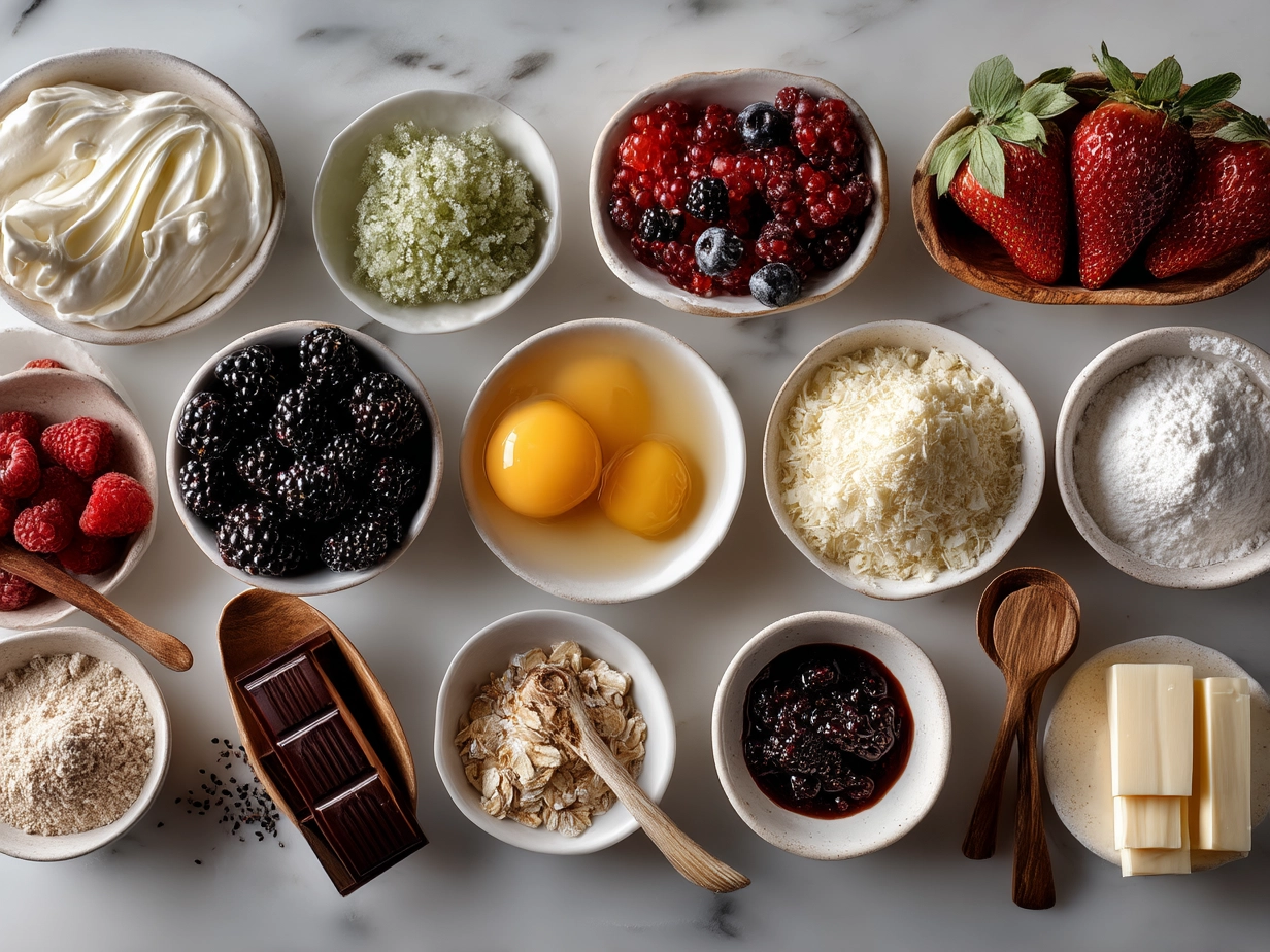 Ingredients laid out for Berry Croissant Bake including croissants, mixed berries, eggs, and milk