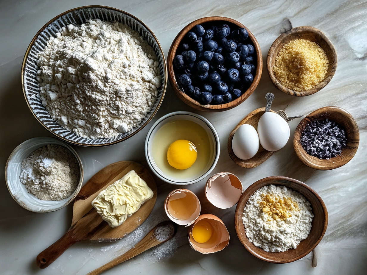 Raw ingredients for Blueberry Sour Cream Coffee Cake laid out on marble surface