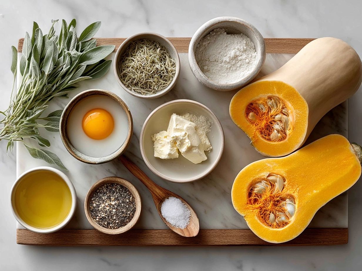 Top down view of raw ingredients for Butternut Squash Sage Pasta on white marble surface