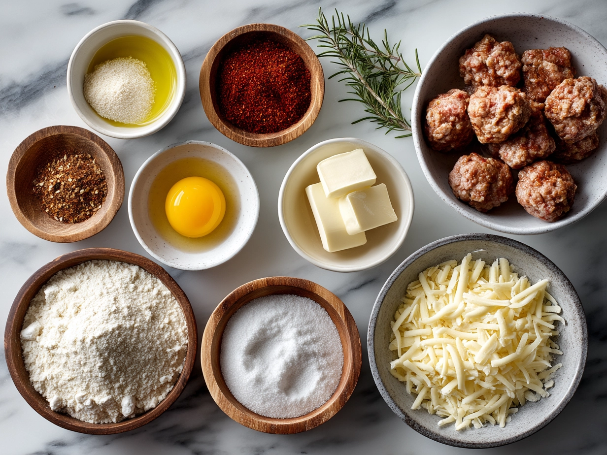 Top down view of raw ingredients for Cheddar Bay Sausage Balls arranged on marble counter