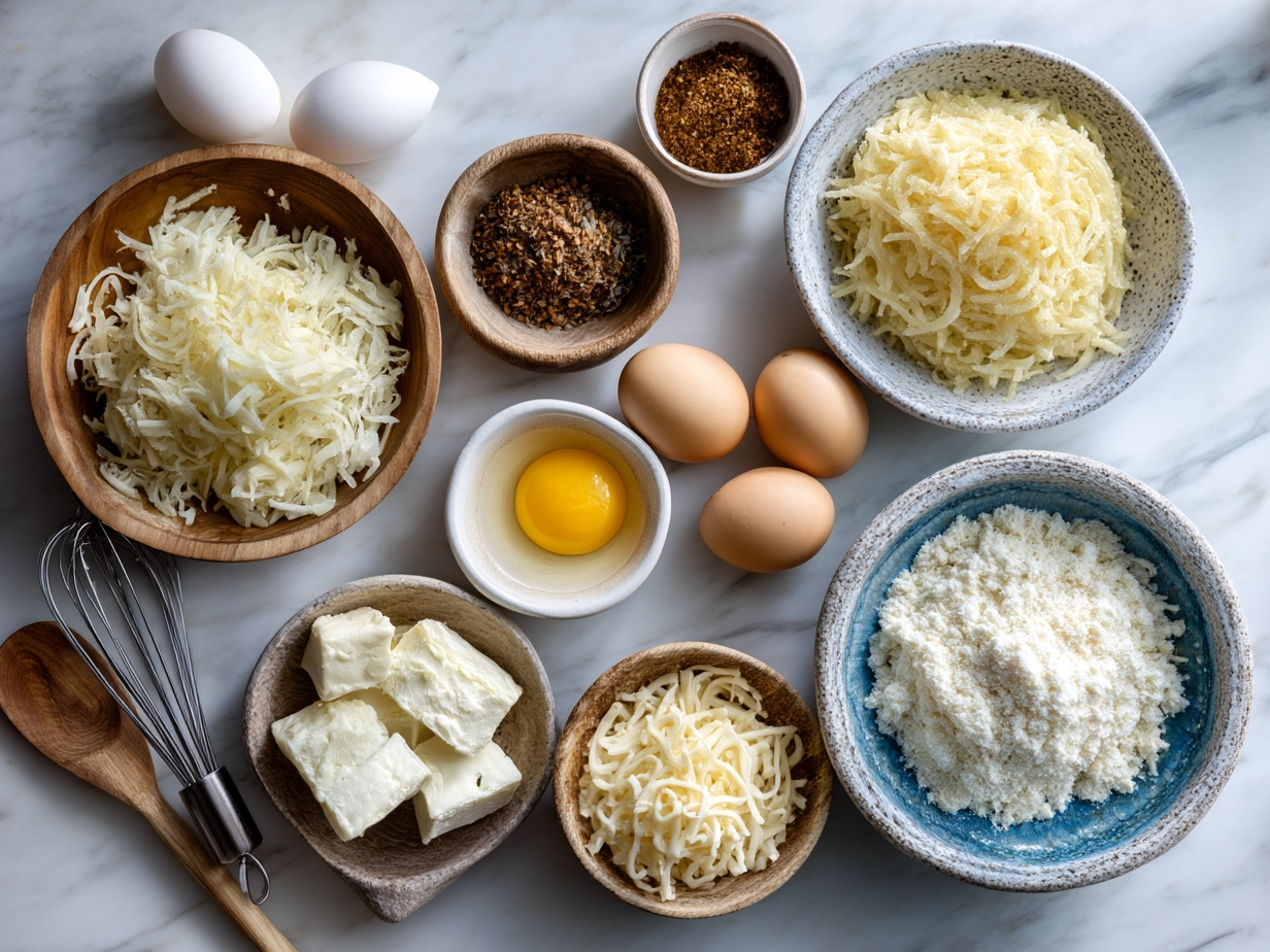 Ingredients for Cheesy Funeral Potatoes with Hashbrowns laid out on marble surface