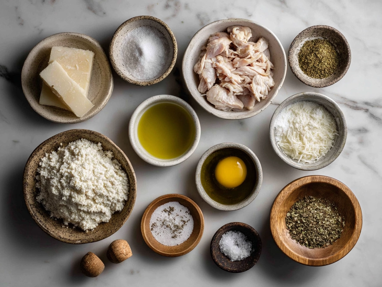Raw ingredients for Chicken Alfredo Lasagna Soup arranged on marble countertop