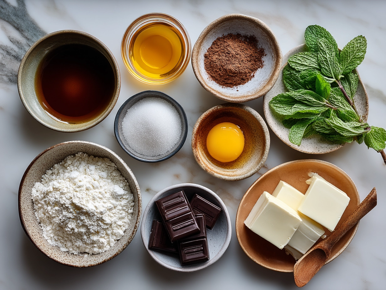 Top down view of raw ingredients for chocolate mint brownies on marble surface