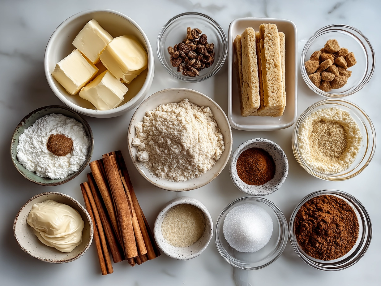 Raw ingredients arranged for Cinnamon Roll Cheesecake Cookies on a marble surface