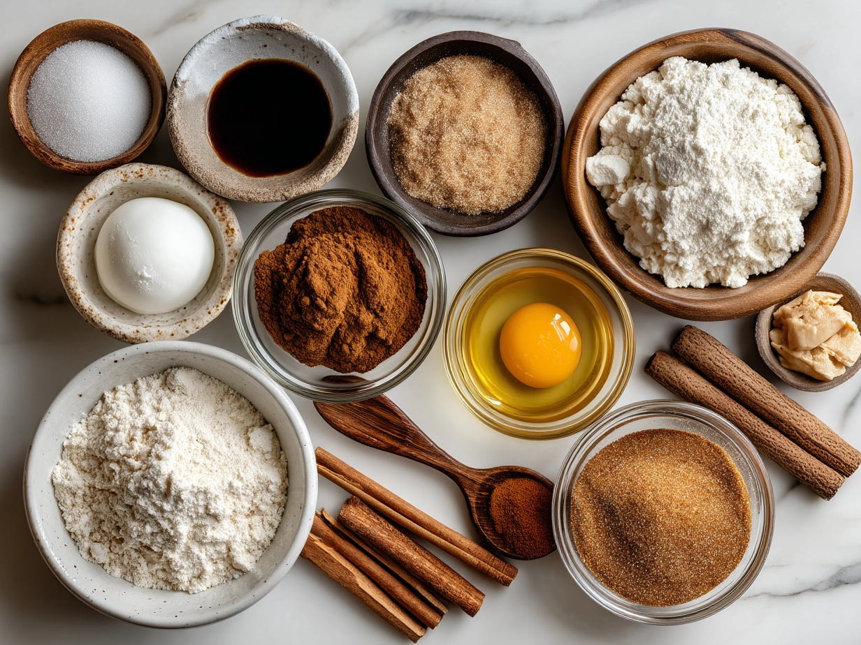 Ingredients for cinnamon sugar bagels laid out on a marble surface