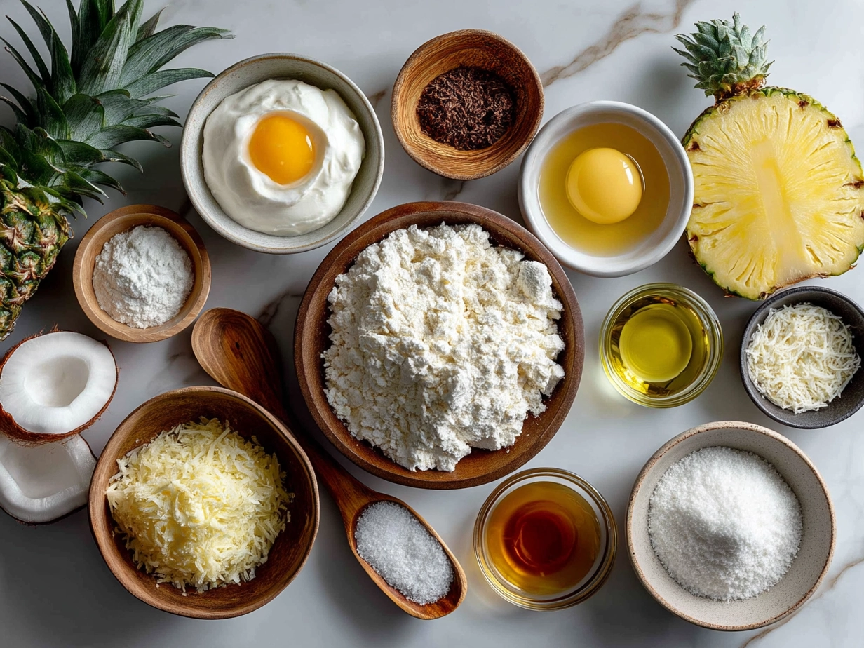Ingredients for Coconut and Pineapple Cottage Cheese Muffins laid out on marble counter