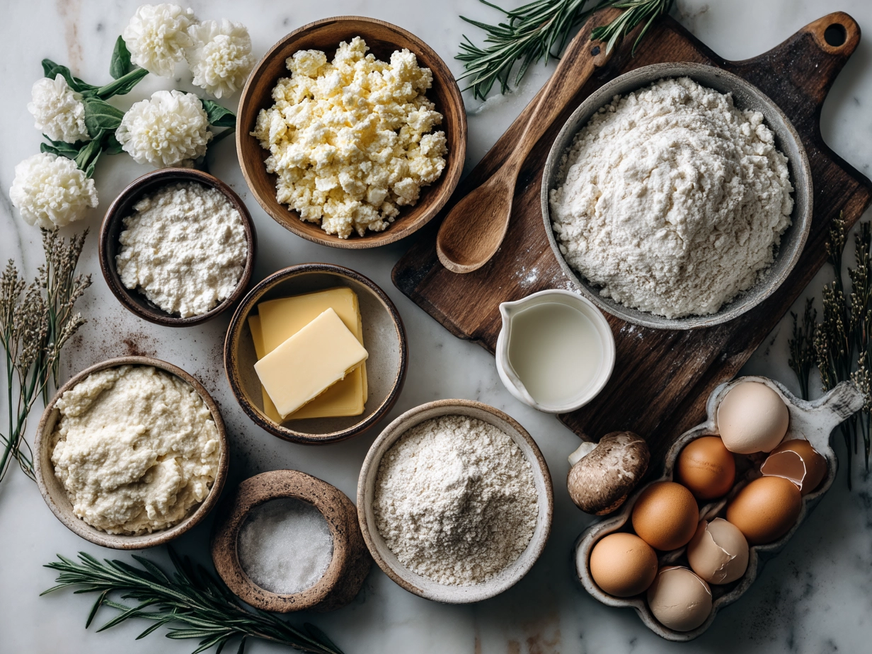 Top down view of raw ingredients for cottage cheese flatbread pizza, including cherry tomatoes, spinach, cheeses, and flatbread