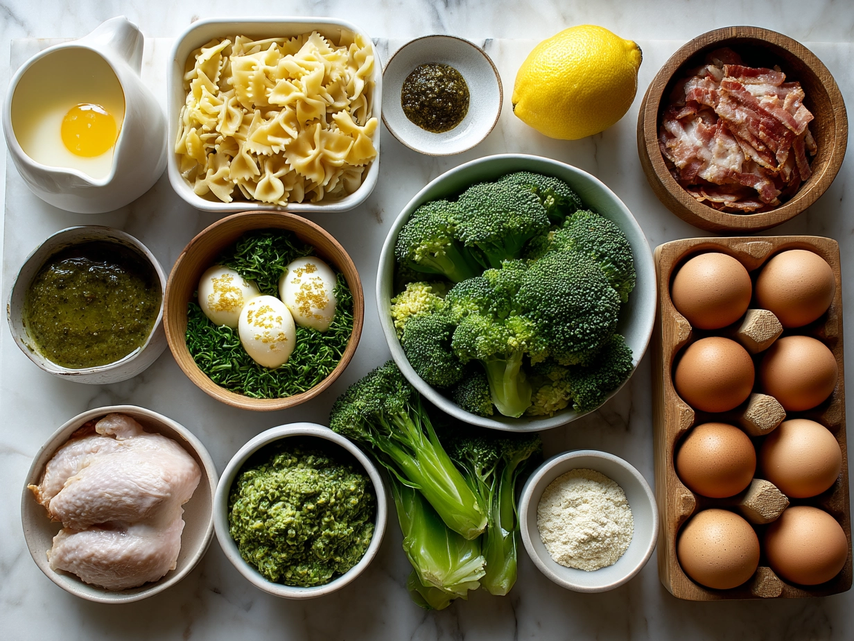Raw ingredients for Cowboy Butter Lemon Bowtie Chicken with Broccoli laid out on a kitchen table