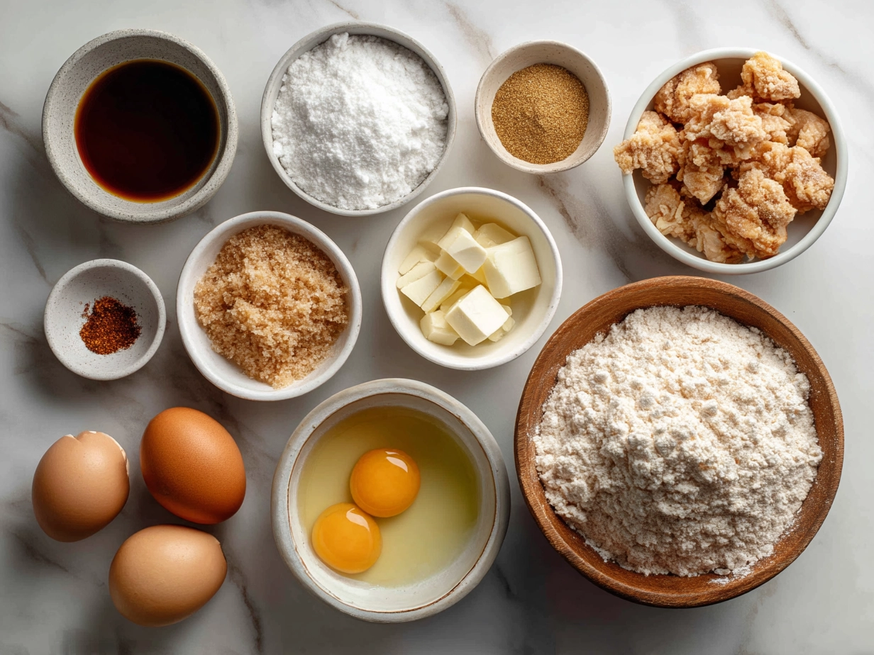 Top-down view of raw ingredients for crispy chicken waffles lined up on a white marble surface, showing a modern kitchen organized mise en place.