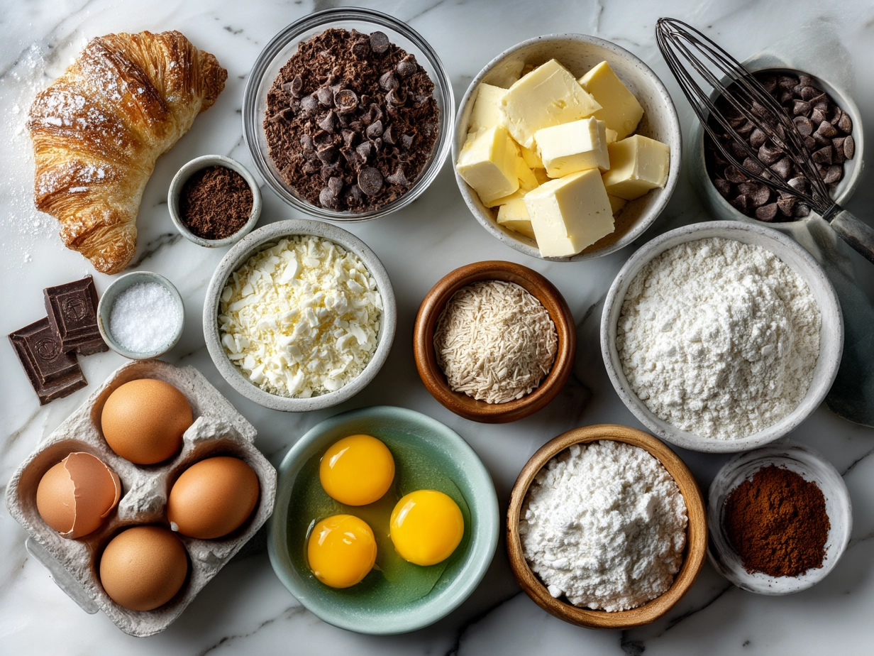 Top down view of raw ingredients for croissant breakfast casserole on marble surface