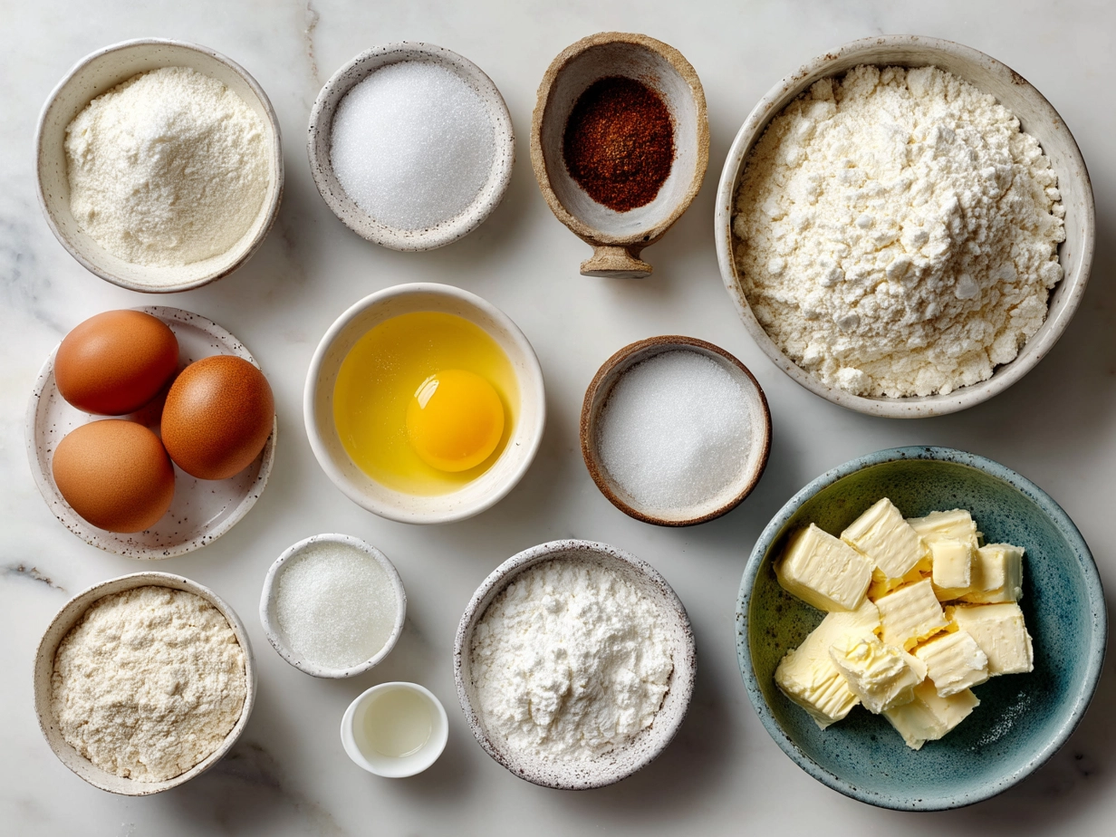 Top-down view of raw ingredients for Flourless Yogurt Cake including Greek yogurt, almond flour, eggs, lemon, honey, and baking soda