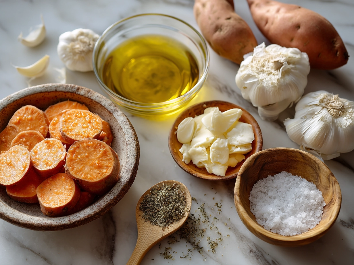 Top down view of raw ingredients for garlic scalloped sweet potatoes on marble surface